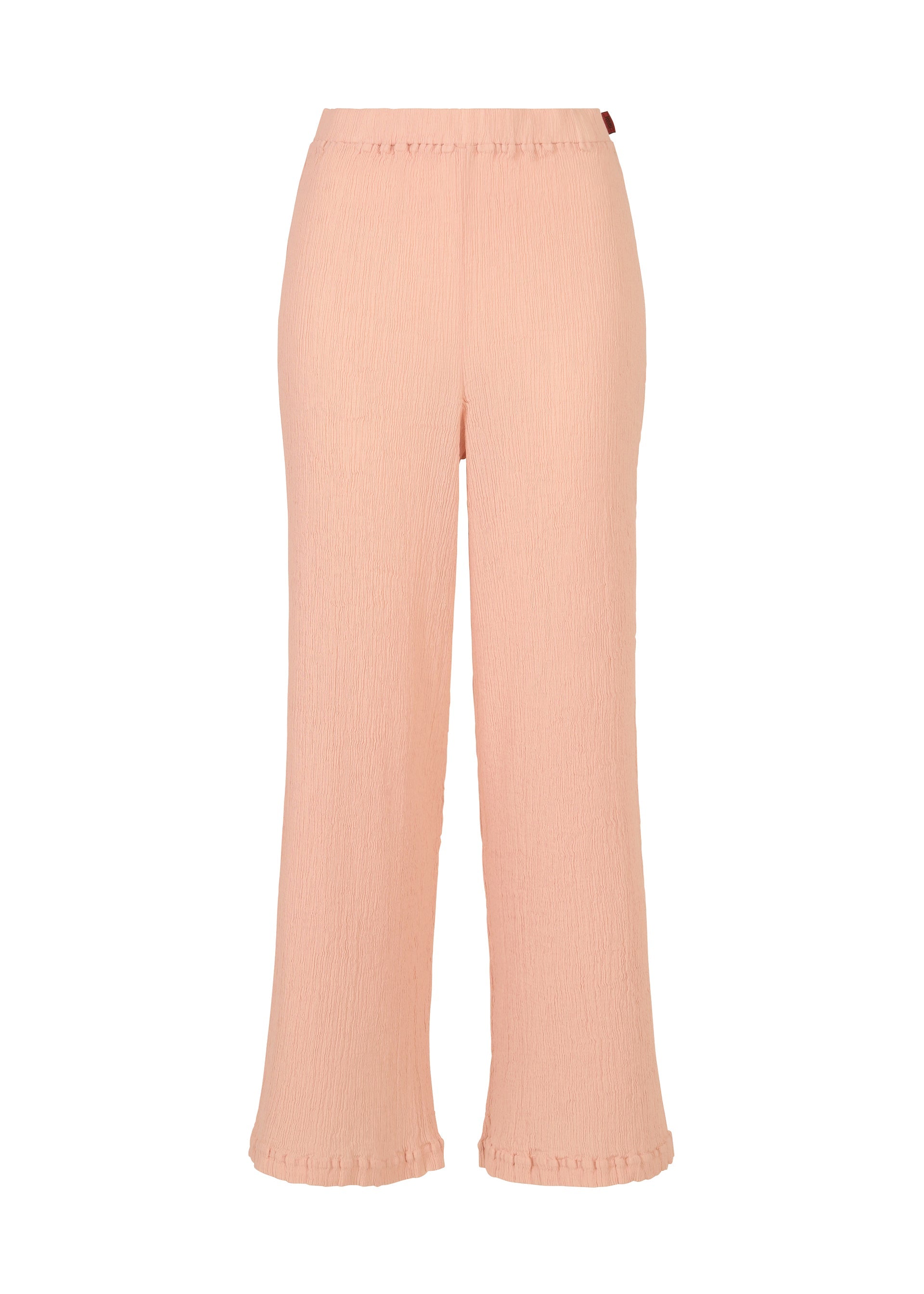 Zoomed view The HaaT KYO CHIJIMI FEBRUARY pants in light pink are made from ultra-fine cotton with a textured finish, featuring a high waist, wide legs, and subtle ruffle details at the waistband and hem. Shown against a white background. - PALE PINK （no.21）