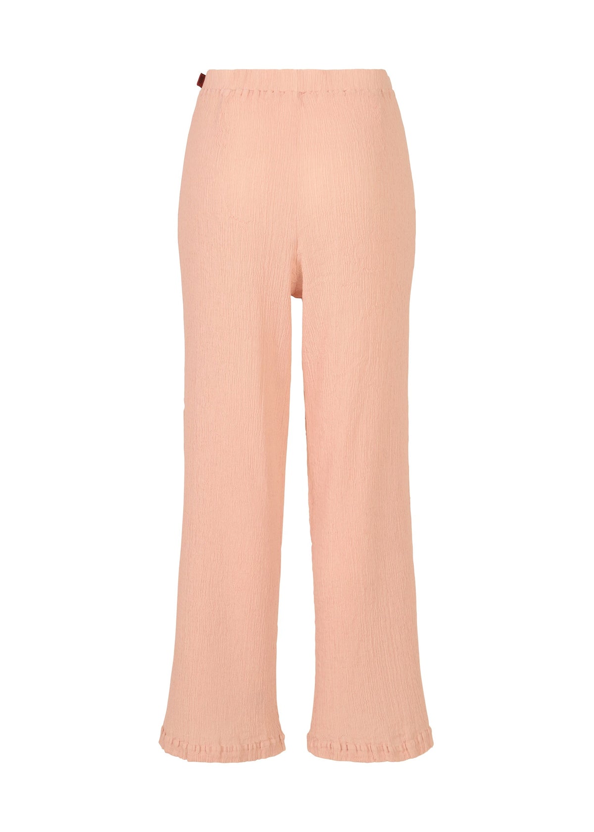 Light pink, loose-fitting KYO CHIJIMI FEBRUARY pants by HaaT, crafted from ultra-fine cotton yarn with a crinkled texture and elastic waistband, shown against a white background. view 4 of 8
