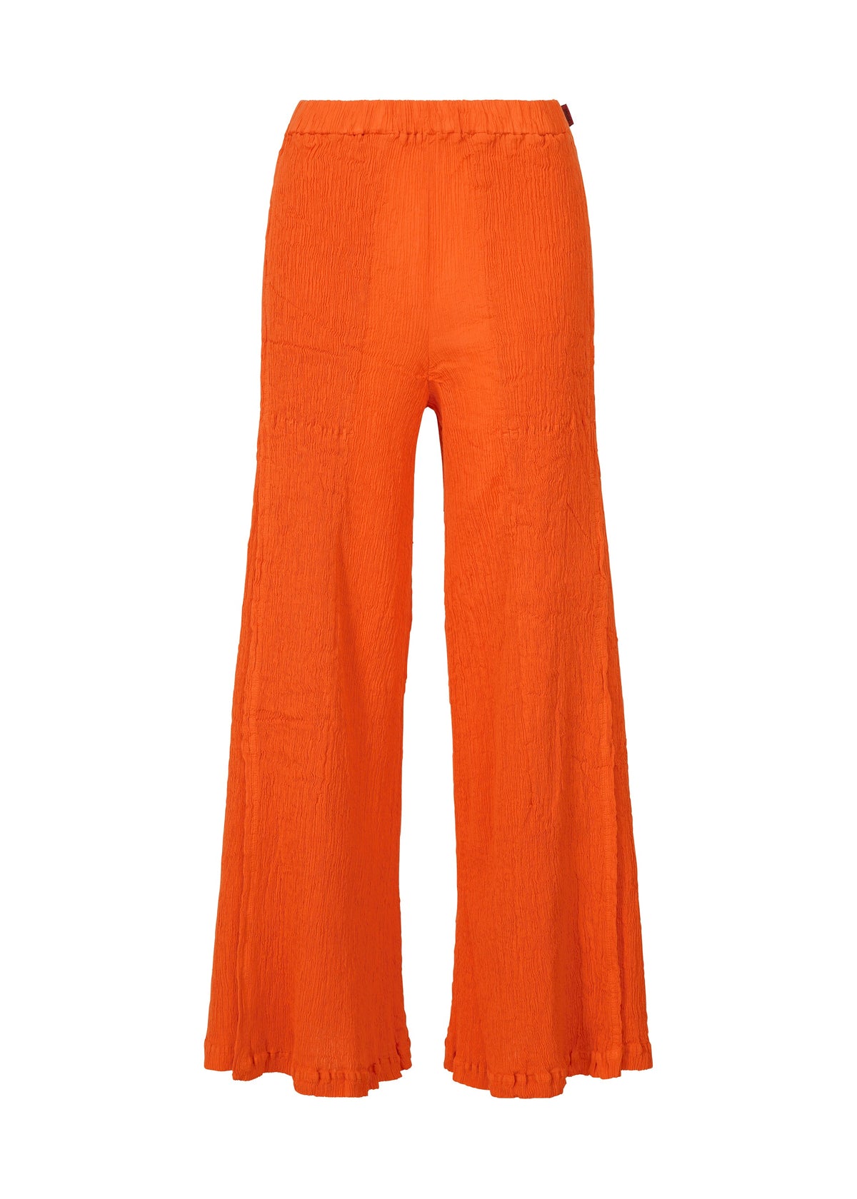 The KYO CHIJIMI MAY pants by HaaT are bright orange, high-waisted, and made from ultra-fine crinkled cotton. With an elastic waist and loose, flowy fit, they're perfect for casual or summer wear. view 3 of 9