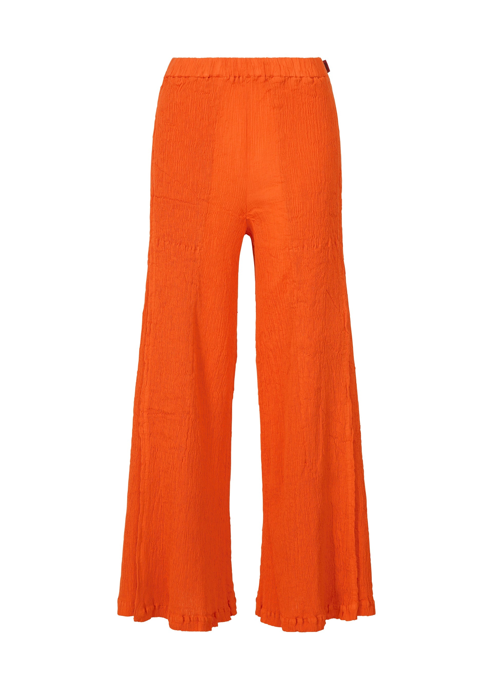 Zoomed view The KYO CHIJIMI MAY pants by HaaT are bright orange, high-waisted, and made from ultra-fine crinkled cotton. With an elastic waist and loose, flowy fit, they're perfect for casual or summer wear. - ORANGE （no.32）