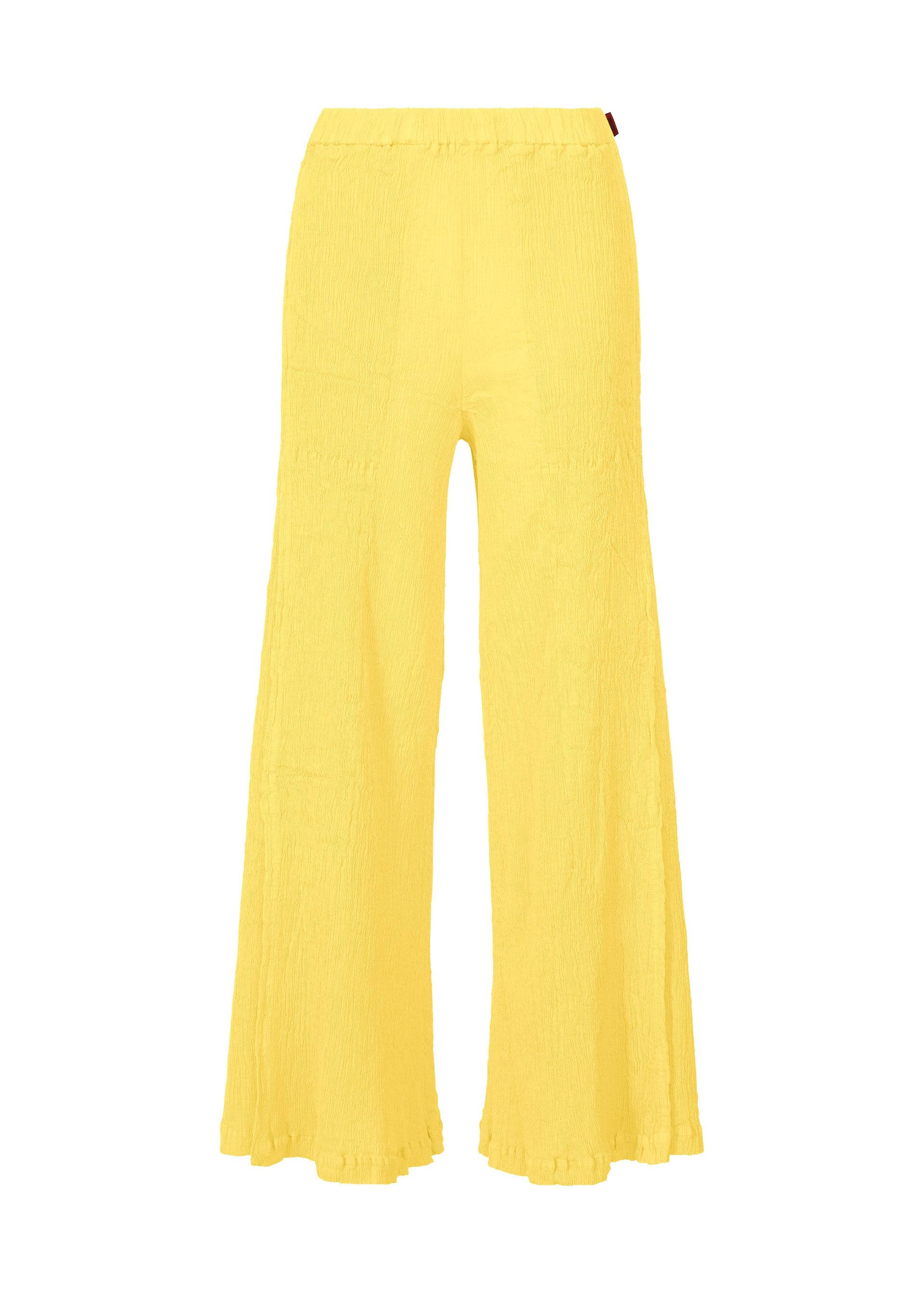 Zoomed view The HaaT KYO CHIJIMI MAY wide pants in bright yellow feature ultra-fine cotton yarn, a high elastic waistband, and a crinkled texture, shown against a white background. - YELLOW （no.52）