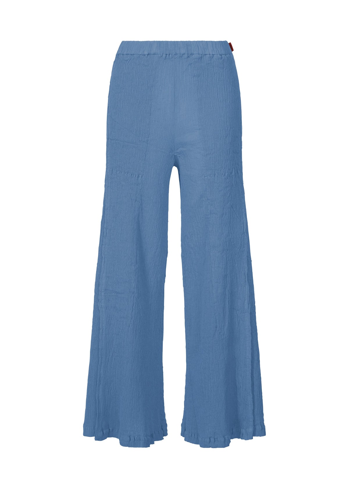The KYO CHIJIMI MAY wide-leg pants by HaaT are high-waisted, blue, and crafted from ultra-fine cotton for a lightweight, textured feel. They feature a loose fit, elastic waistband, and a clean look with no visible pockets or fastenings. view 2 of 9