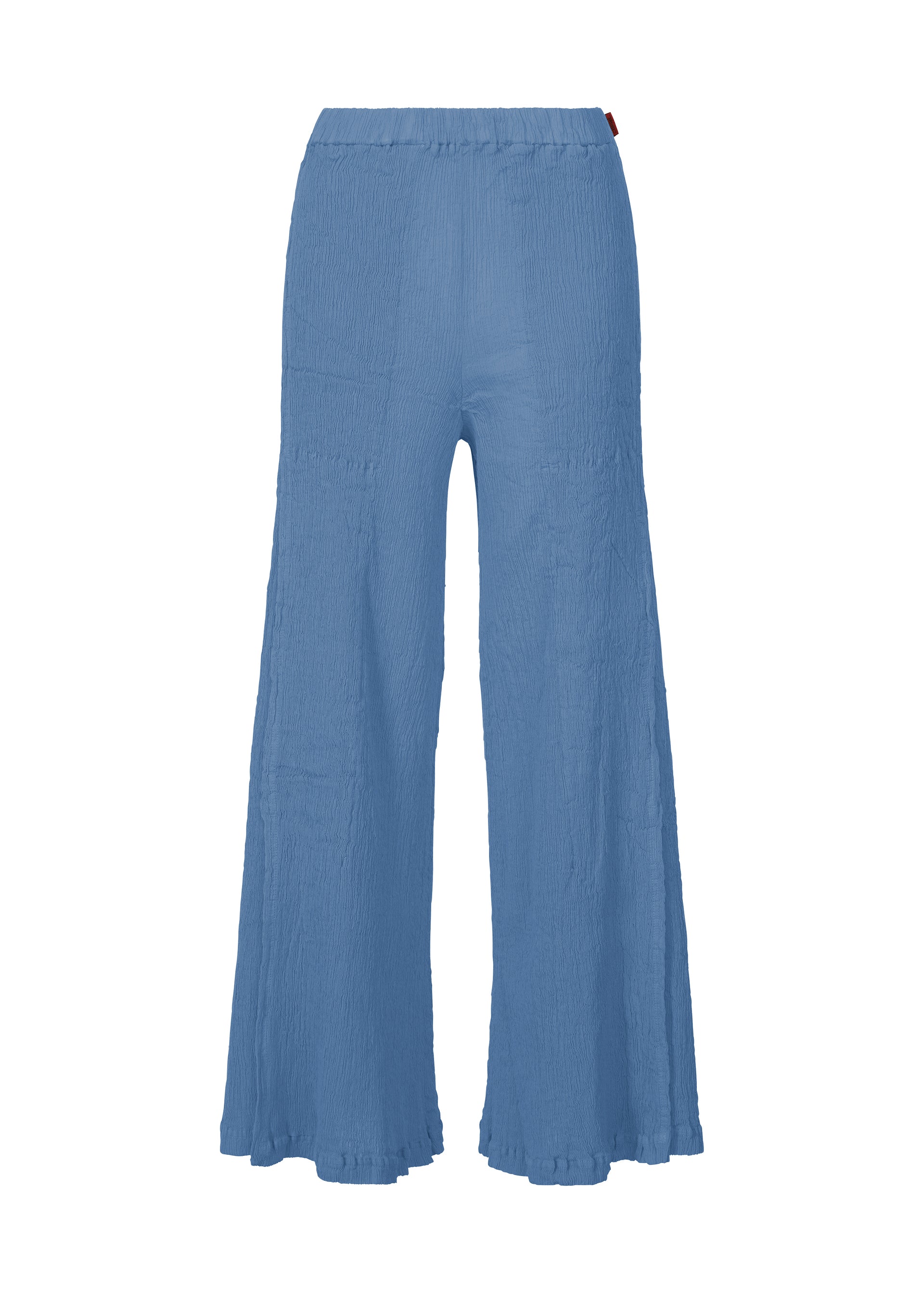 Zoomed view The KYO CHIJIMI MAY wide-leg pants by HaaT are high-waisted, blue, and crafted from ultra-fine cotton for a lightweight, textured feel. They feature a loose fit, elastic waistband, and a clean look with no visible pockets or fastenings. - BLUE （no.72）