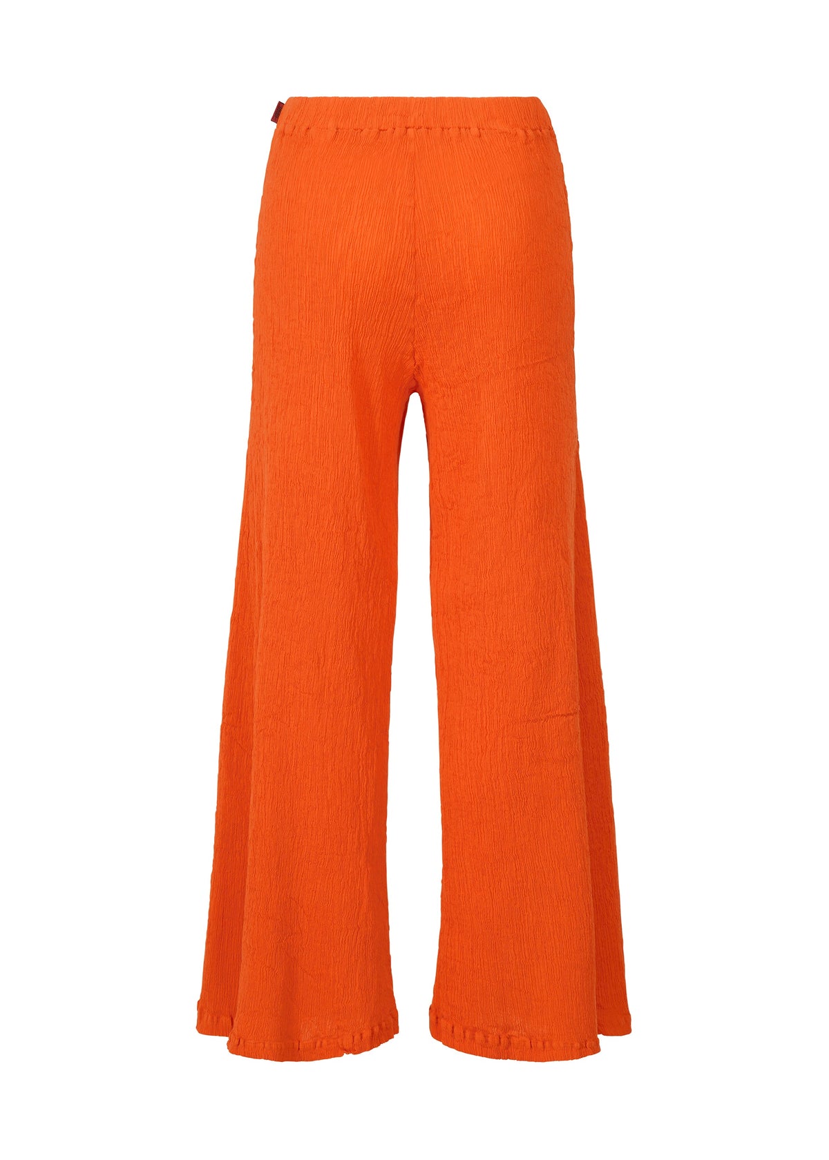 The bright orange KYO CHIJIMI MAY wide pants by HaaT are crafted from ultra-fine cotton yarn with a crinkled finish, high waist, elastic waistband, and loose, flowing fit, shown against a white background. view 4 of 9