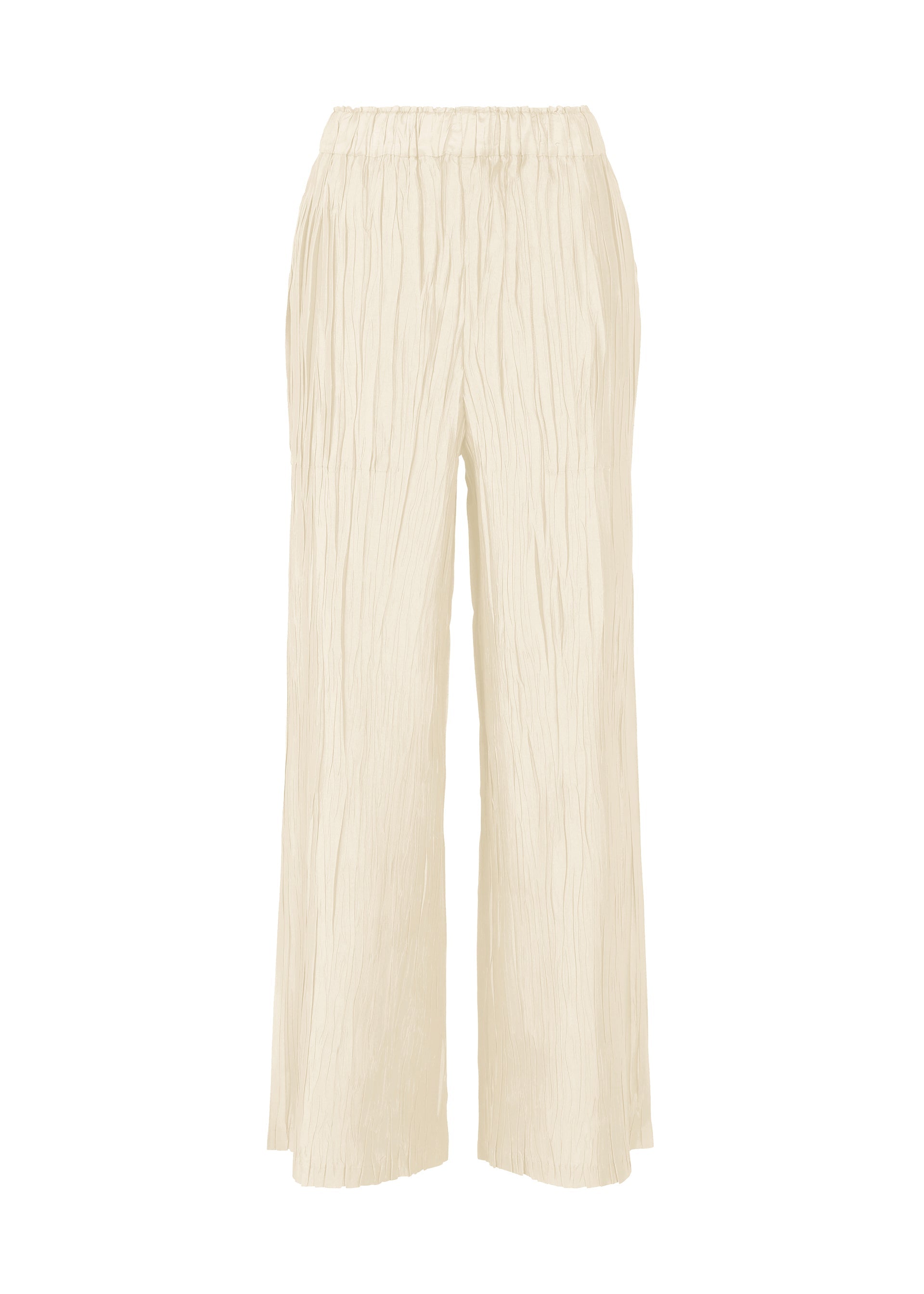 Zoomed view The SHIBARI BOTTOM by HaaT features wide legs, a crinkled hand-folded texture, and an elastic waistband, shown in cream on a plain white background. - WHITE （no.01）