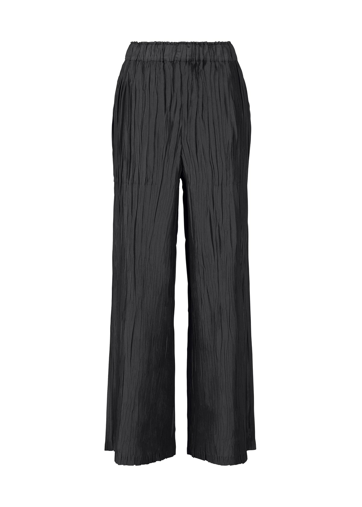 The SHIBARI BOTTOM by HaaT features black wide-leg pants with a crinkled, hand-folded texture, elastic waistband, and side pockets, shown against a plain white background. view 2 of 9