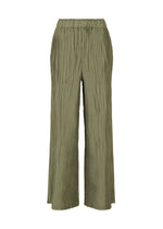 The HaaT SHIBARI BOTTOM features olive green, wide-leg pants with a hand-folded, crinkled texture and an elastic waistband, displayed against a white background. - KHAKI （no.65）