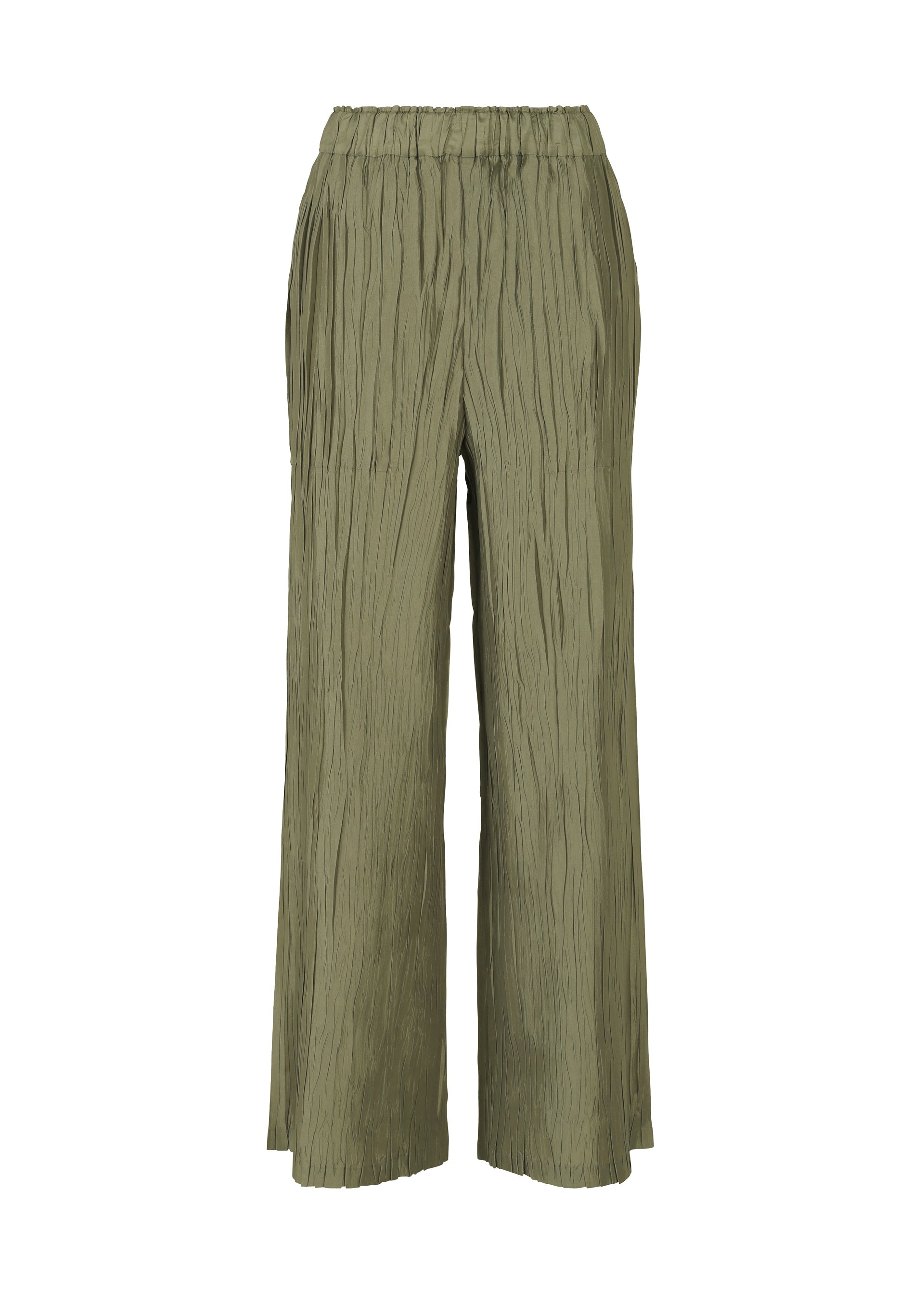 Zoomed view The HaaT SHIBARI BOTTOM features olive green, wide-leg pants with a hand-folded, crinkled texture and an elastic waistband, displayed against a white background. - KHAKI （no.65）