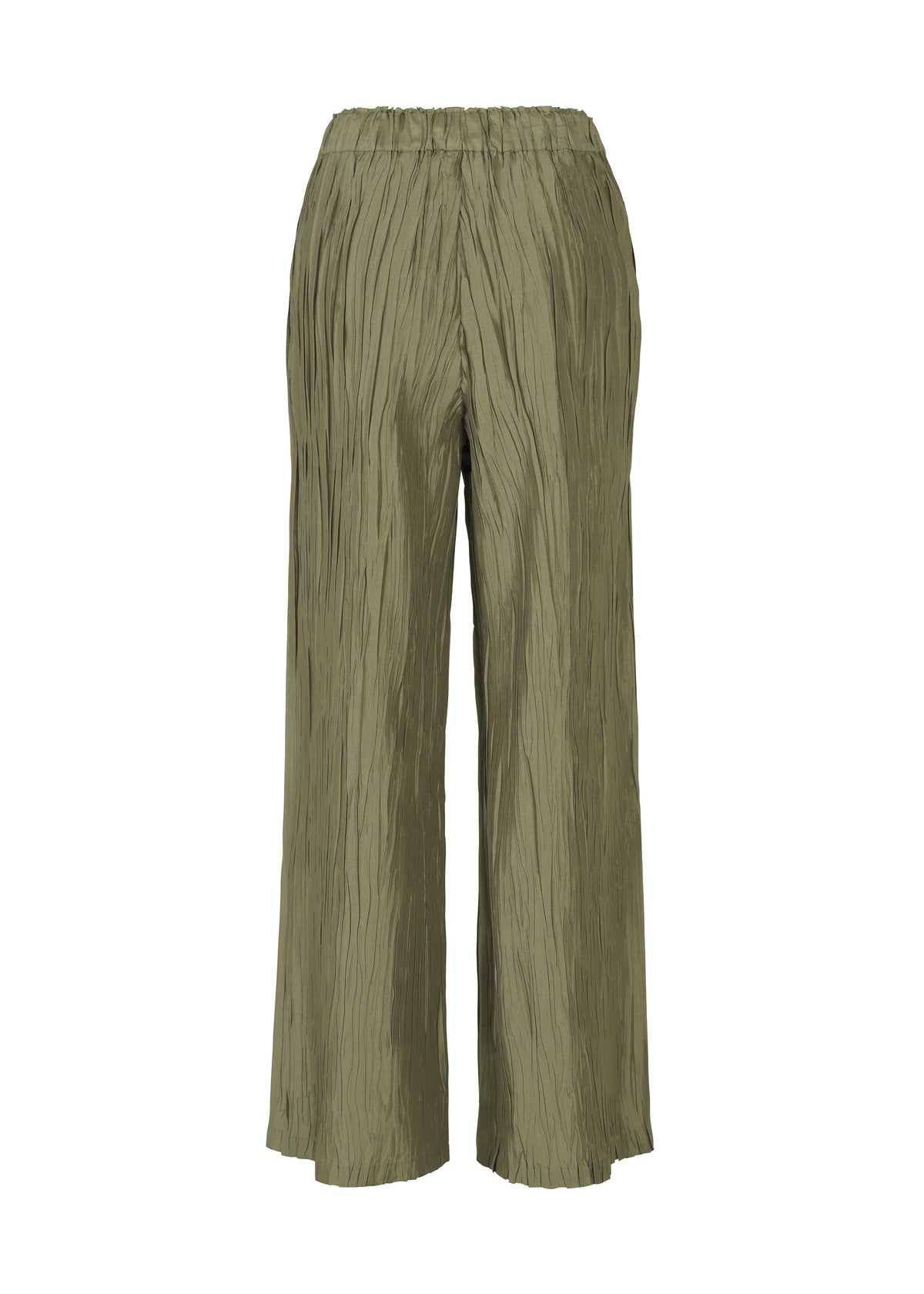The HaaT SHIBARI BOTTOM features olive green, wide-leg pants with a crinkled Shibari finish and an elastic waistband, shown against a plain white background. view 4 of 9