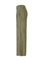 Side view of HaaT’s SHIBARI BOTTOM: loose-fitting, high-waisted olive green pants with an elastic waistband and a crinkled, hand-folded fabric texture, shown against a white background.
