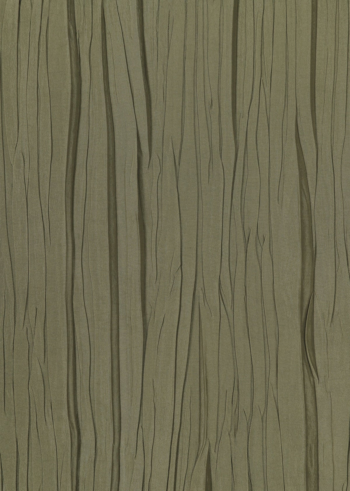 The SHIBARI BOTTOM by HaaT features olive green, hand-folded fabric with vertical, irregular pleats and creases, creating a textured wavy pattern. The material is lightweight and slightly sheer. view 6 of 9