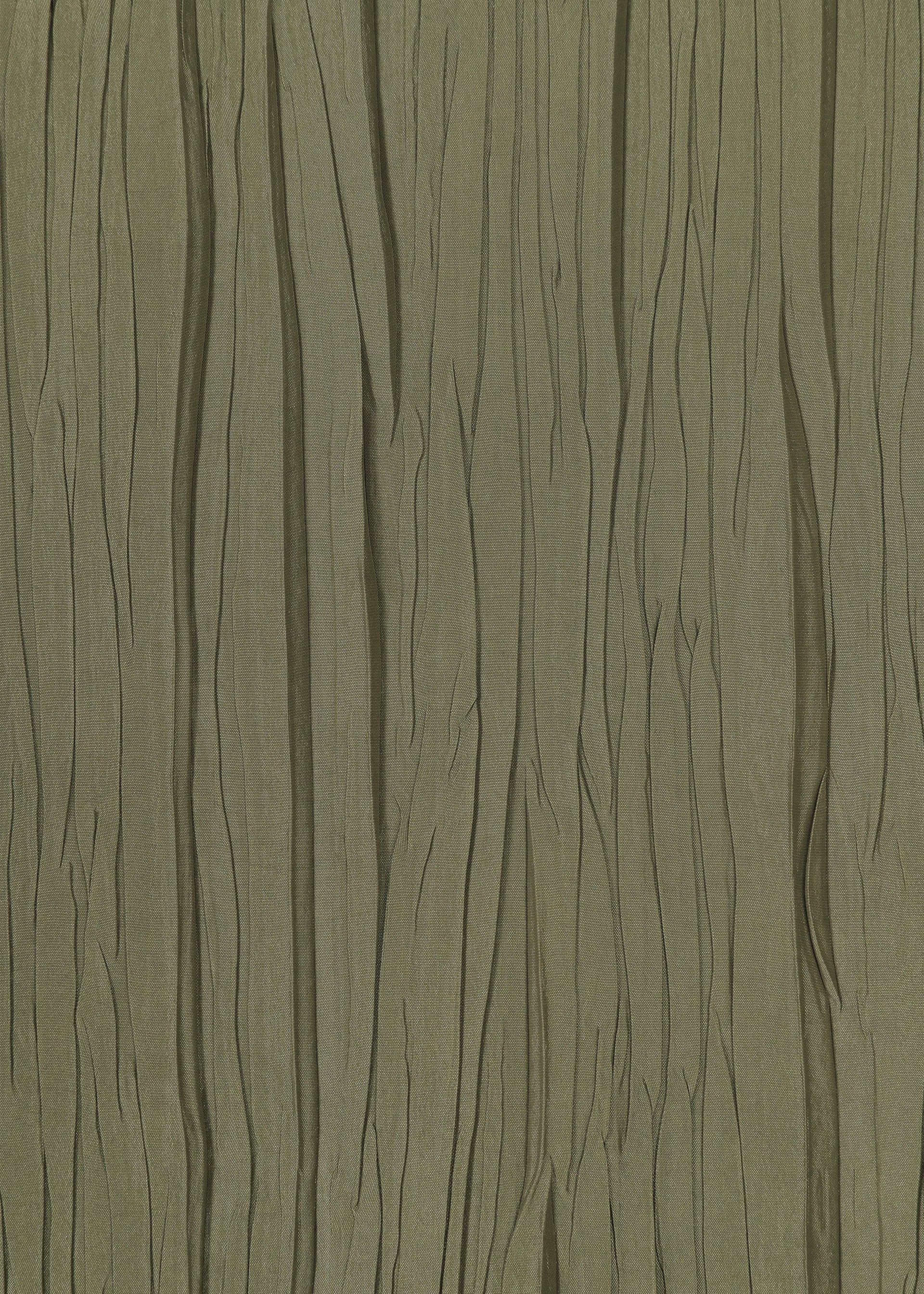 Zoomed view The SHIBARI BOTTOM by HaaT features olive green, hand-folded fabric with vertical, irregular pleats and creases, creating a textured wavy pattern. The material is lightweight and slightly sheer.