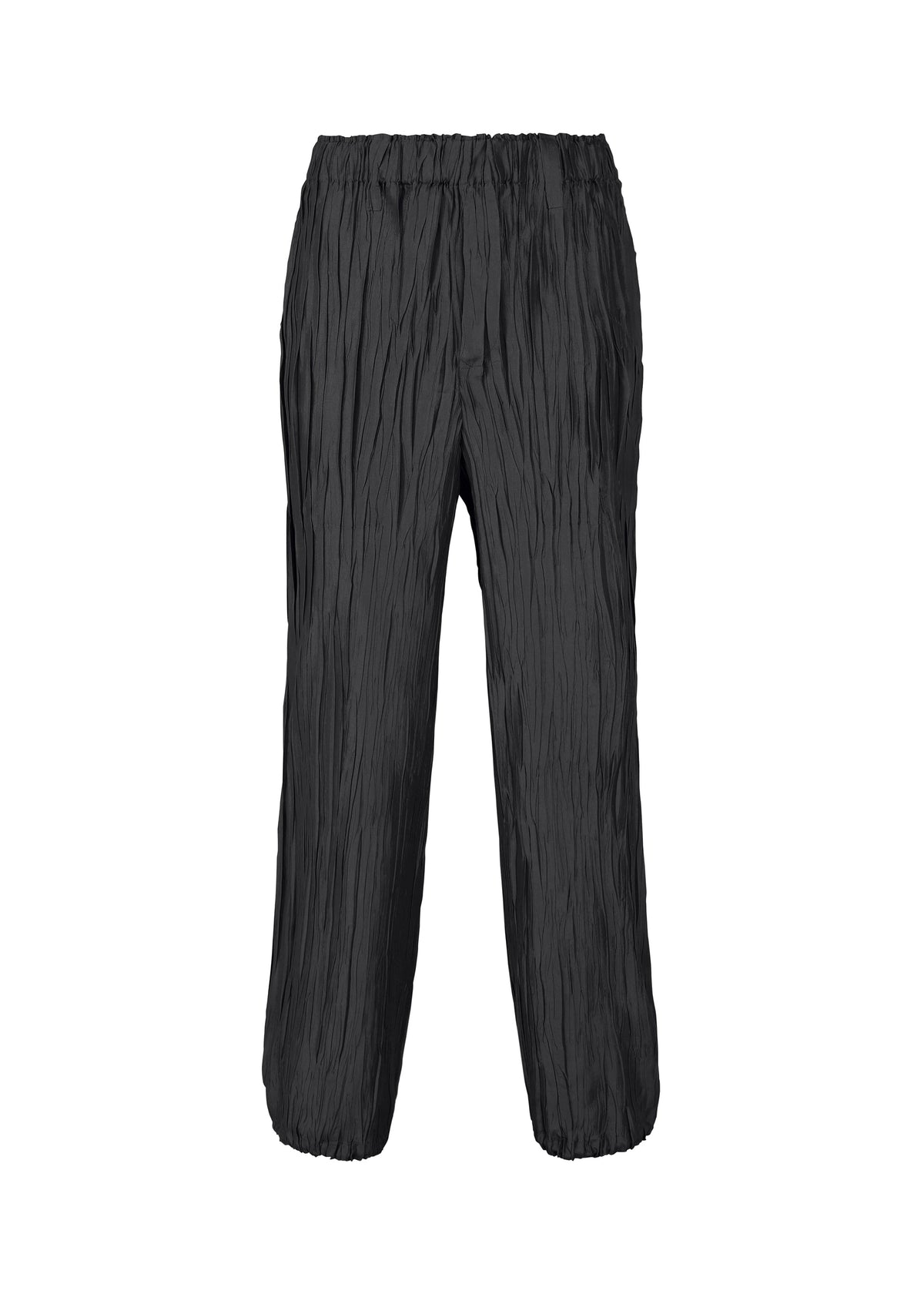 The SHIBARI BOTTOM by HaaT features black crinkled, lightweight glossy pants with an elastic waistband and relaxed straight-leg fit, shown on a white background—an effortless staple in unisex fashion. view 1 of 8