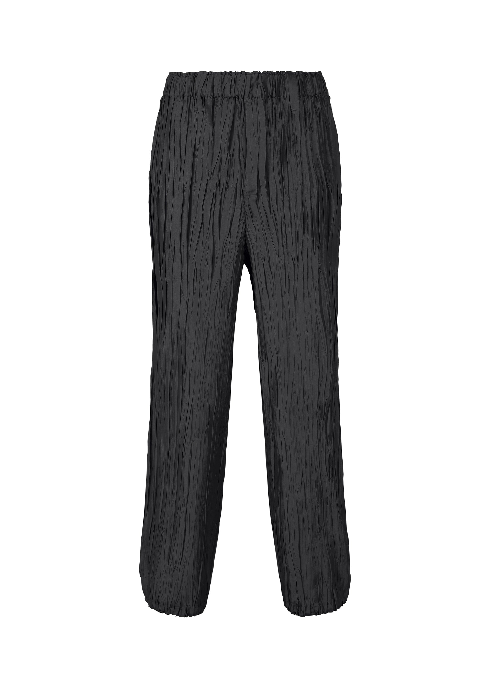 Zoomed view The SHIBARI BOTTOM by HaaT features black crinkled, lightweight glossy pants with an elastic waistband and relaxed straight-leg fit, shown on a white background—an effortless staple in unisex fashion. - BLACK （no.15）