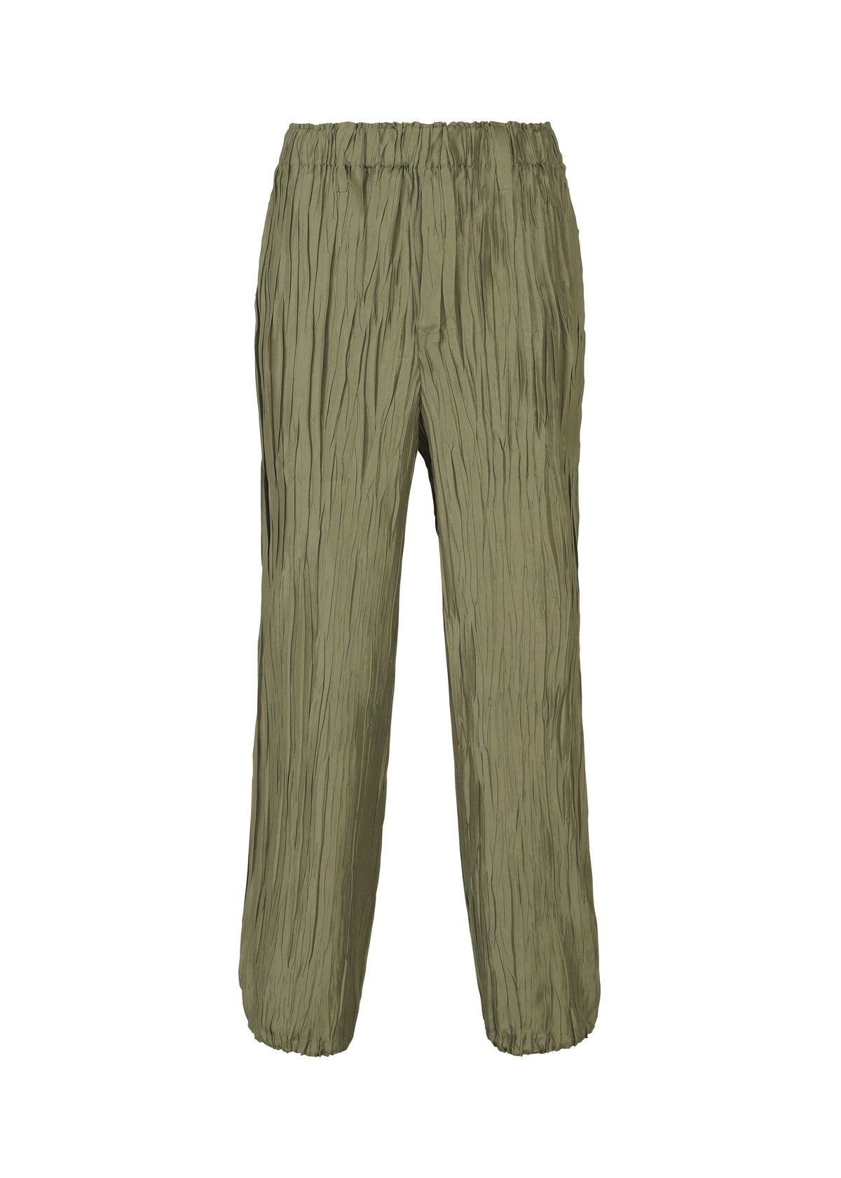 The SHIBARI BOTTOM by HaaT features olive green crinkled wide-leg pants with a signature Shibari finish, an elastic waistband, and elasticated cuffs, shown against a plain white background. view 2 of 8