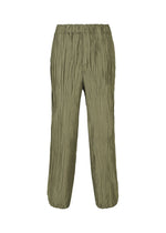 The SHIBARI BOTTOM by HaaT features olive green crinkled wide-leg pants with a signature Shibari finish, an elastic waistband, and elasticated cuffs, shown against a plain white background. - KHAKI （no.65）