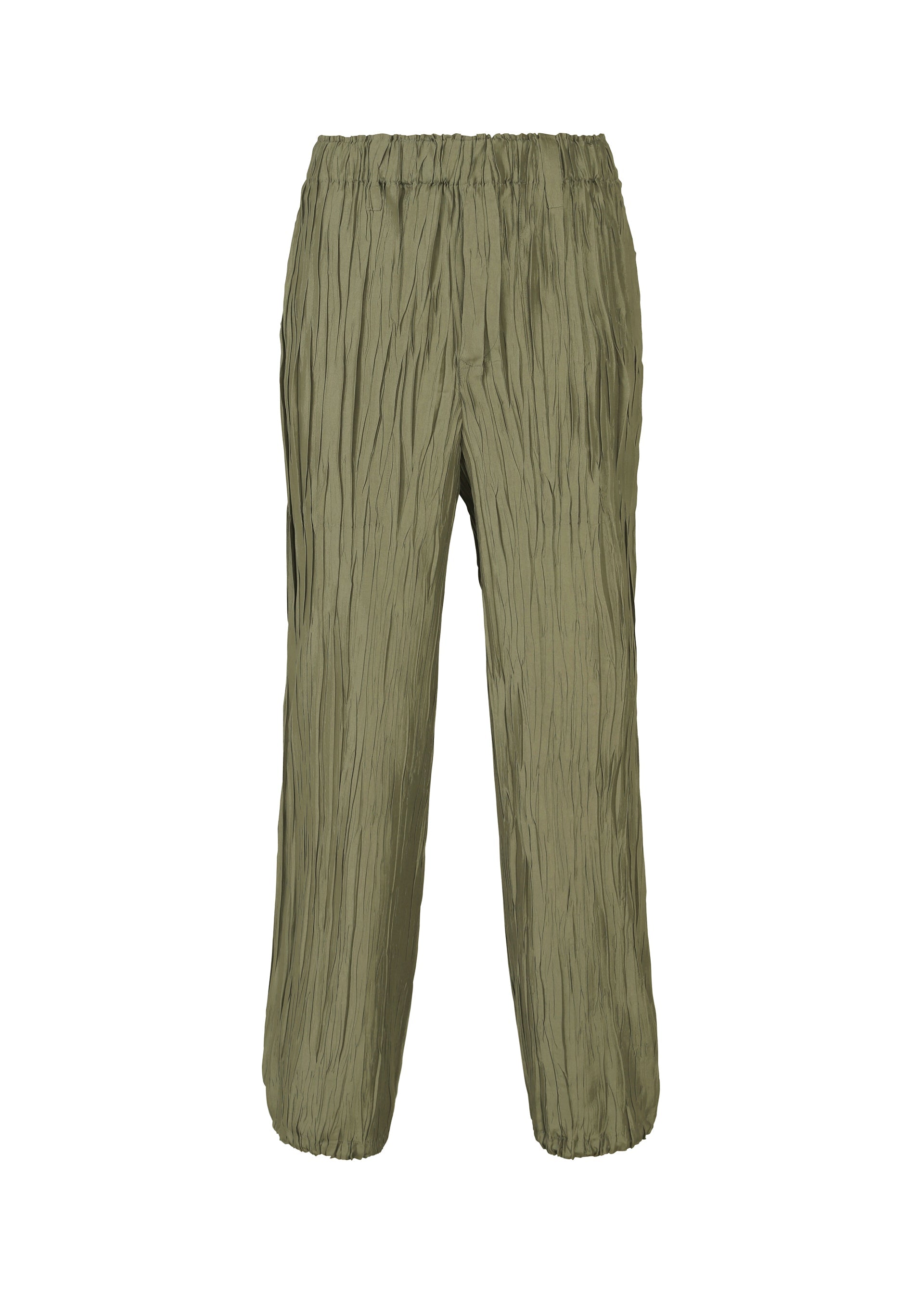 Zoomed view The SHIBARI BOTTOM by HaaT features olive green crinkled wide-leg pants with a signature Shibari finish, an elastic waistband, and elasticated cuffs, shown against a plain white background. - KHAKI （no.65）