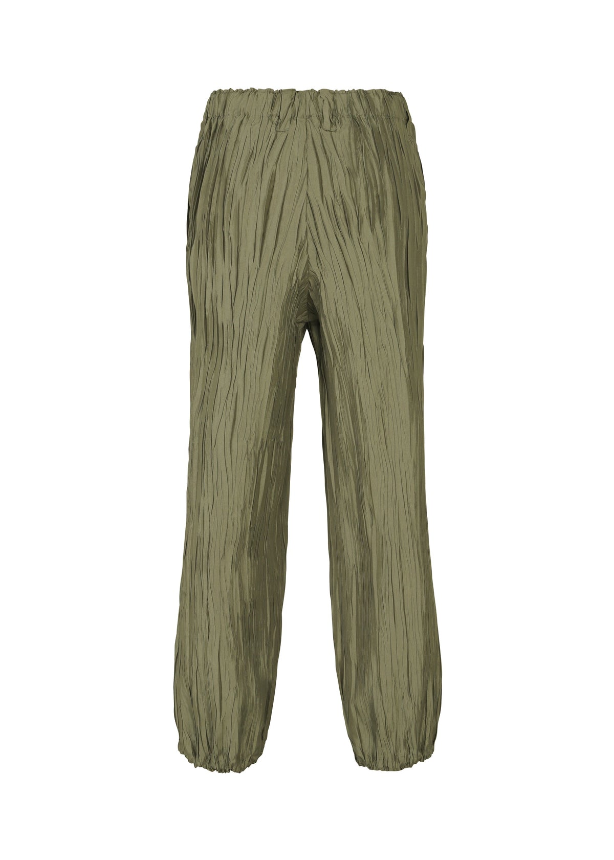 The HaaT SHIBARI BOTTOM features olive green, crinkled-texture unisex pants with a Shibari finish, elastic waistband, and ankle cuffs. Displayed on a white background. view 3 of 8