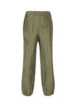 The HaaT SHIBARI BOTTOM features olive green, crinkled-texture unisex pants with a Shibari finish, elastic waistband, and ankle cuffs. Displayed on a white background.