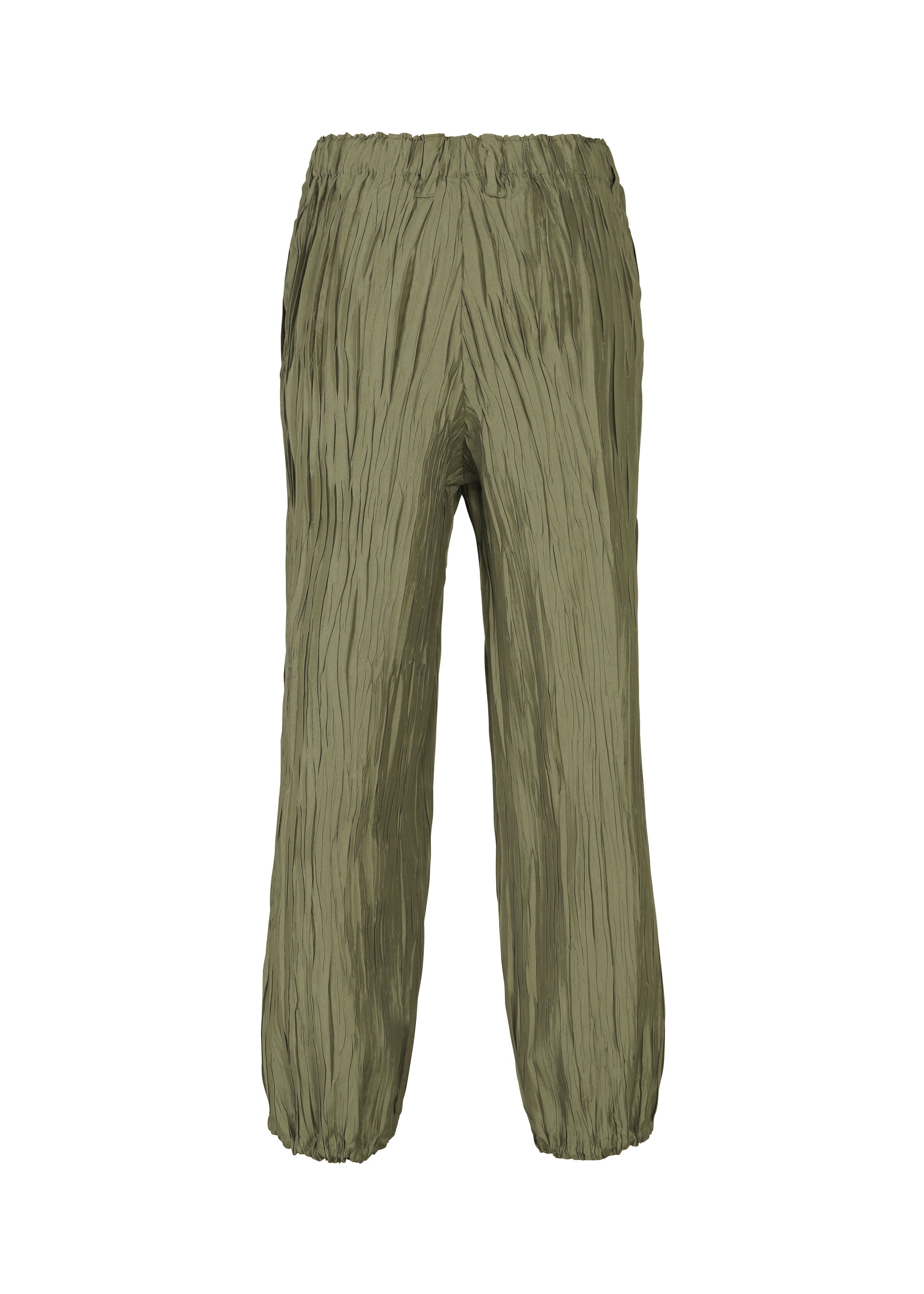 Zoomed view The HaaT SHIBARI BOTTOM features olive green, crinkled-texture unisex pants with a Shibari finish, elastic waistband, and ankle cuffs. Displayed on a white background.