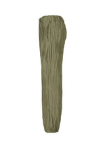 The HaaT SHIBARI BOTTOM features olive green, crinkled, high-waisted pants with an elastic waistband and subtle Shibari finish, shown from the side against a white background—a unique unisex fashion piece.