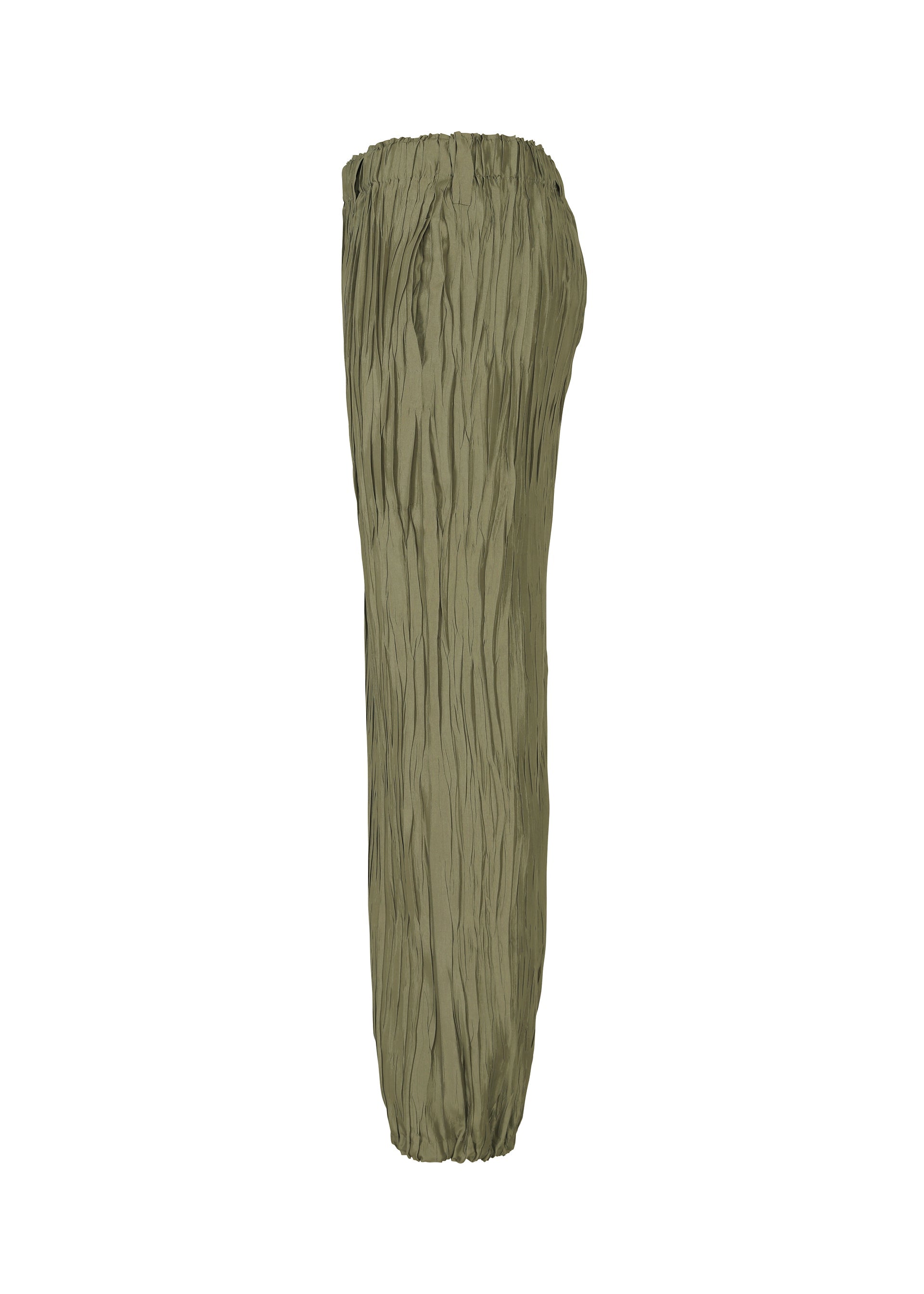 Zoomed view The HaaT SHIBARI BOTTOM features olive green, crinkled, high-waisted pants with an elastic waistband and subtle Shibari finish, shown from the side against a white background—a unique unisex fashion piece.