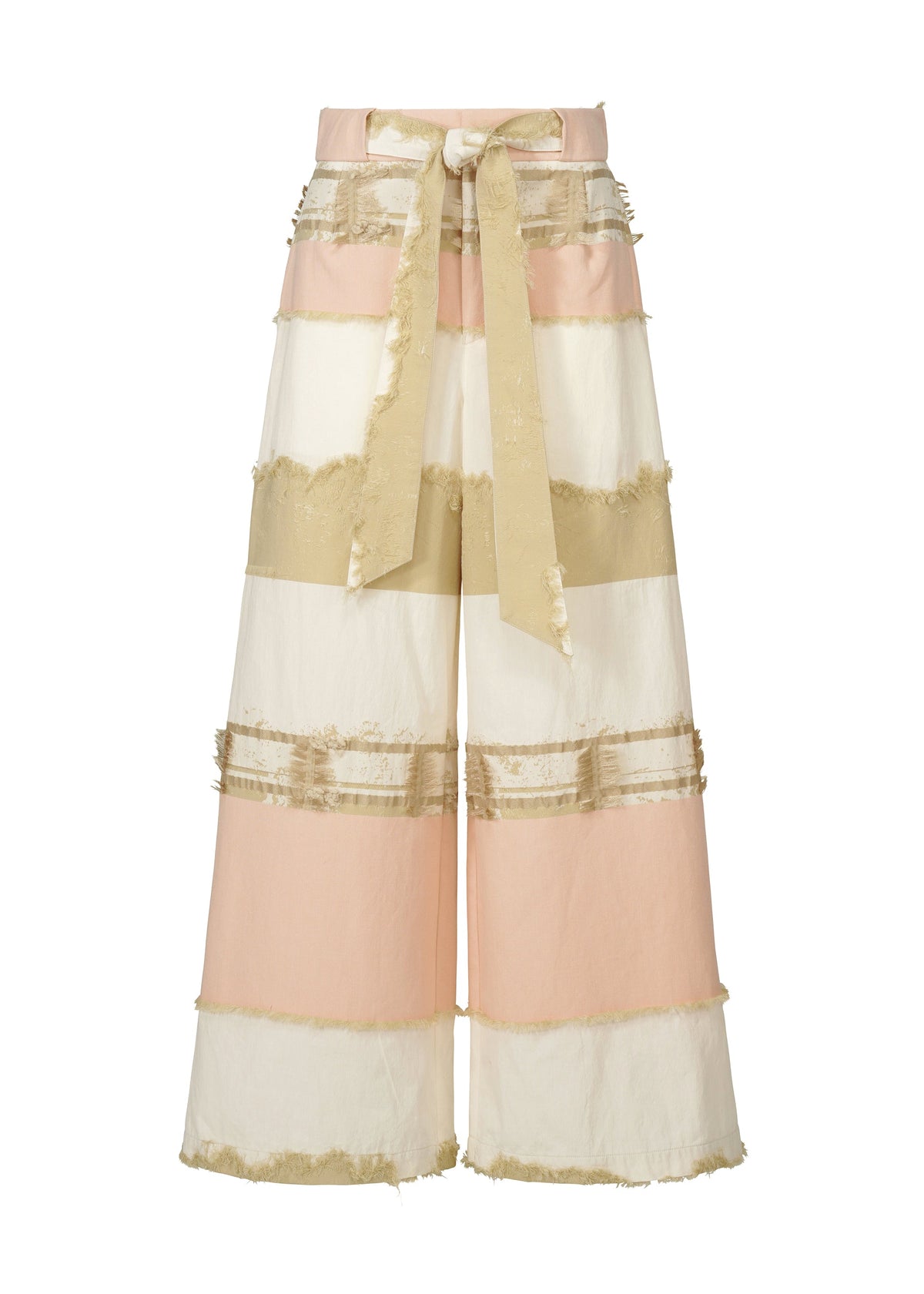 The KASANEGAKE pants by HaaT feature wide legs, horizontal pastel jacquard stripes in pink, cream, and beige, a matching waist belt, fringed trim on each stripe, and textured layers for added visual appeal. view 1 of 7