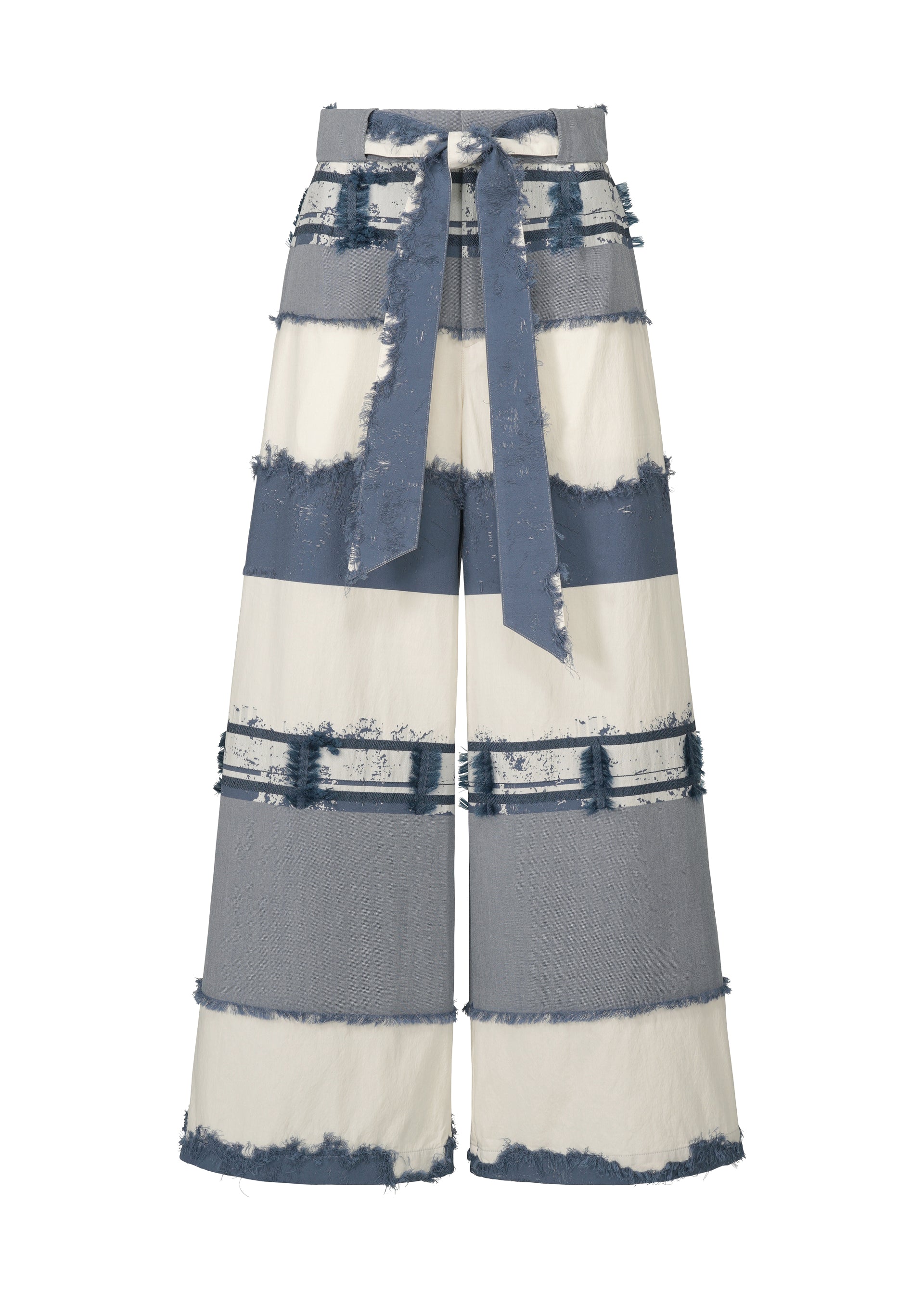Zoomed view The KASANEGAKE wide-leg pants by HaaT feature blue and off-white jacquard stripes, a high waist with a matching belt, varied textures, and frayed stripe edges for a unique layered look. - BLUE （no.72）