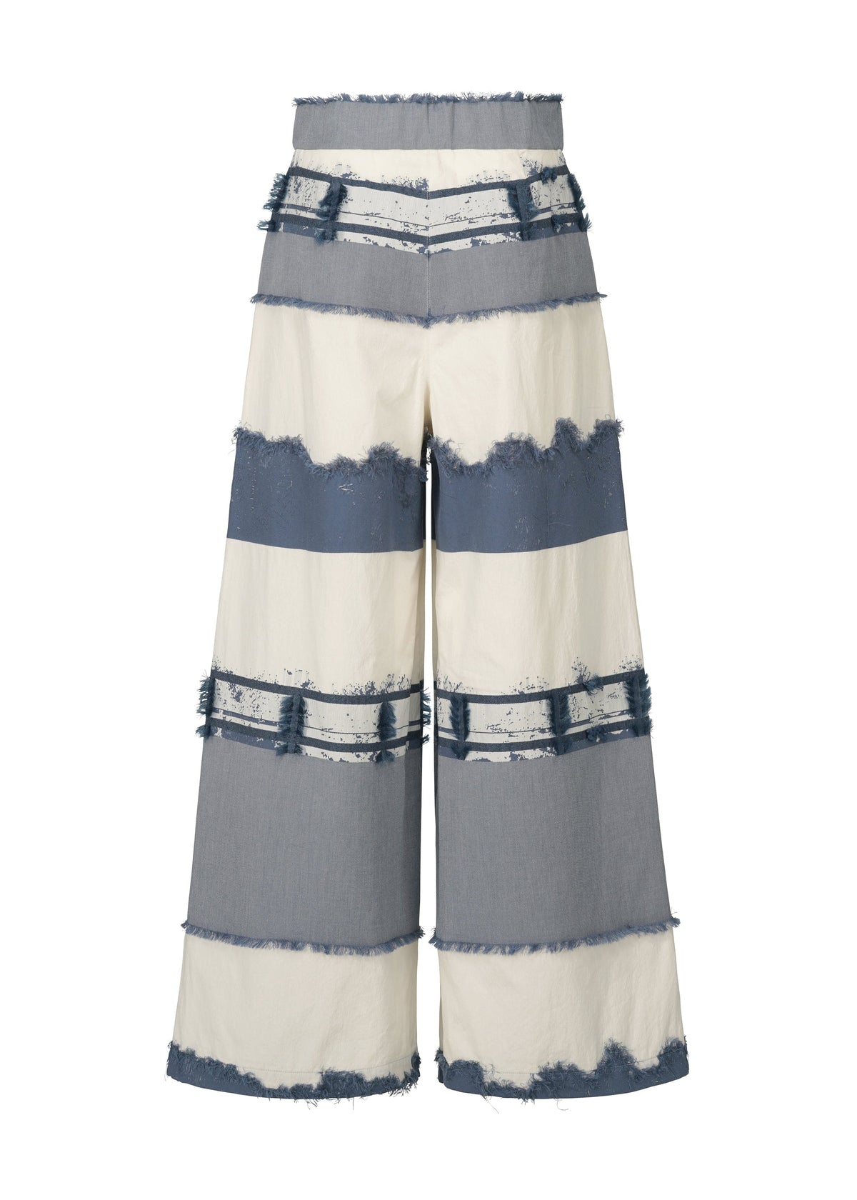 The KASANEGAKE wide-leg pants by HaaT feature blue and cream jacquard stripes, a high-waisted fit, frayed edges on each stripe, and textured layers that add depth to the design. view 3 of 7