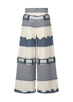 The KASANEGAKE wide-leg pants by HaaT feature blue and cream jacquard stripes, a high-waisted fit, frayed edges on each stripe, and textured layers that add depth to the design.