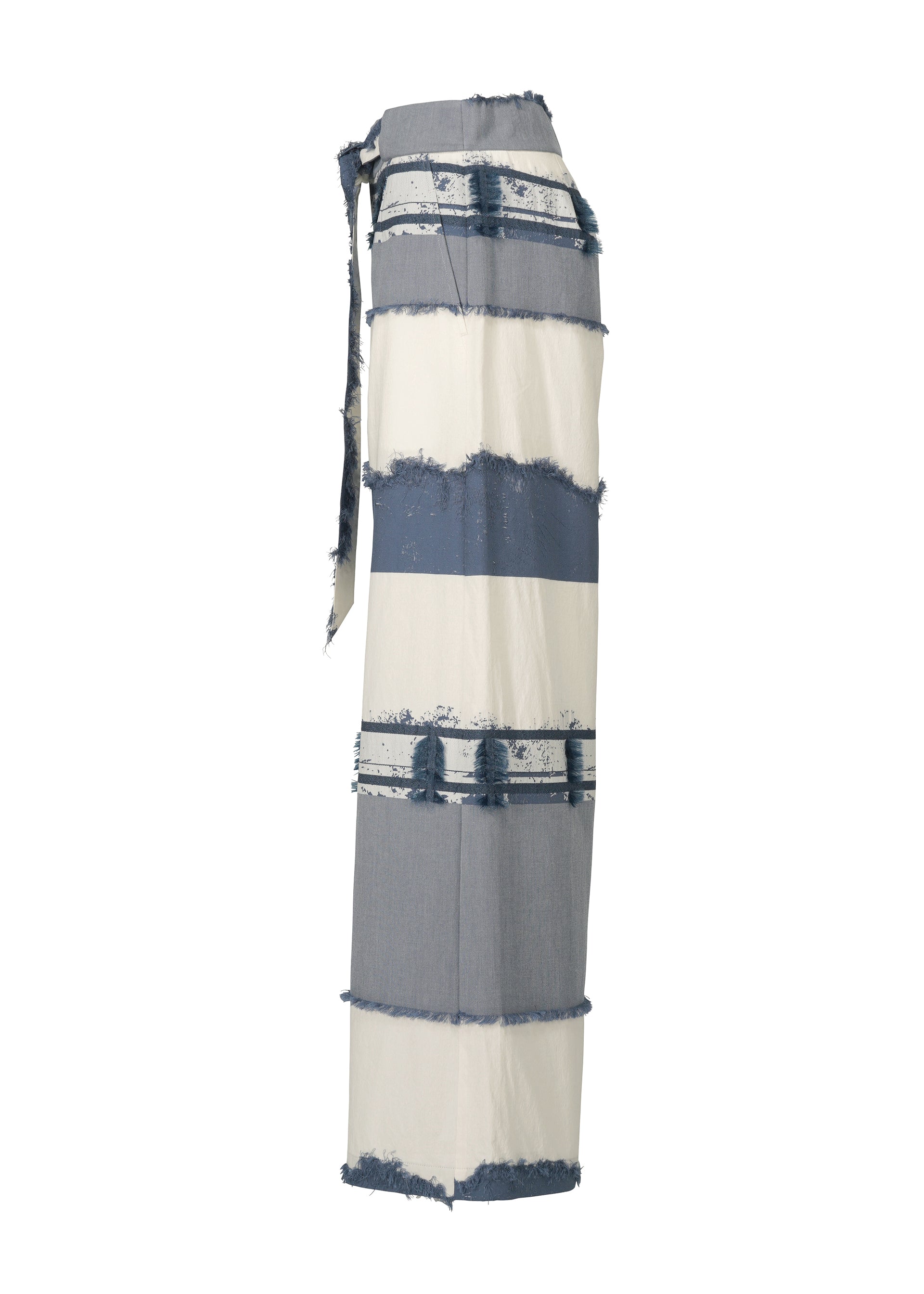 Zoomed view The KASANEGAKE skirt by HaaT is a high-waisted, long skirt with blue and white stripes, raw frayed edges, a side tie, straight silhouette, and layered design for added visual interest.