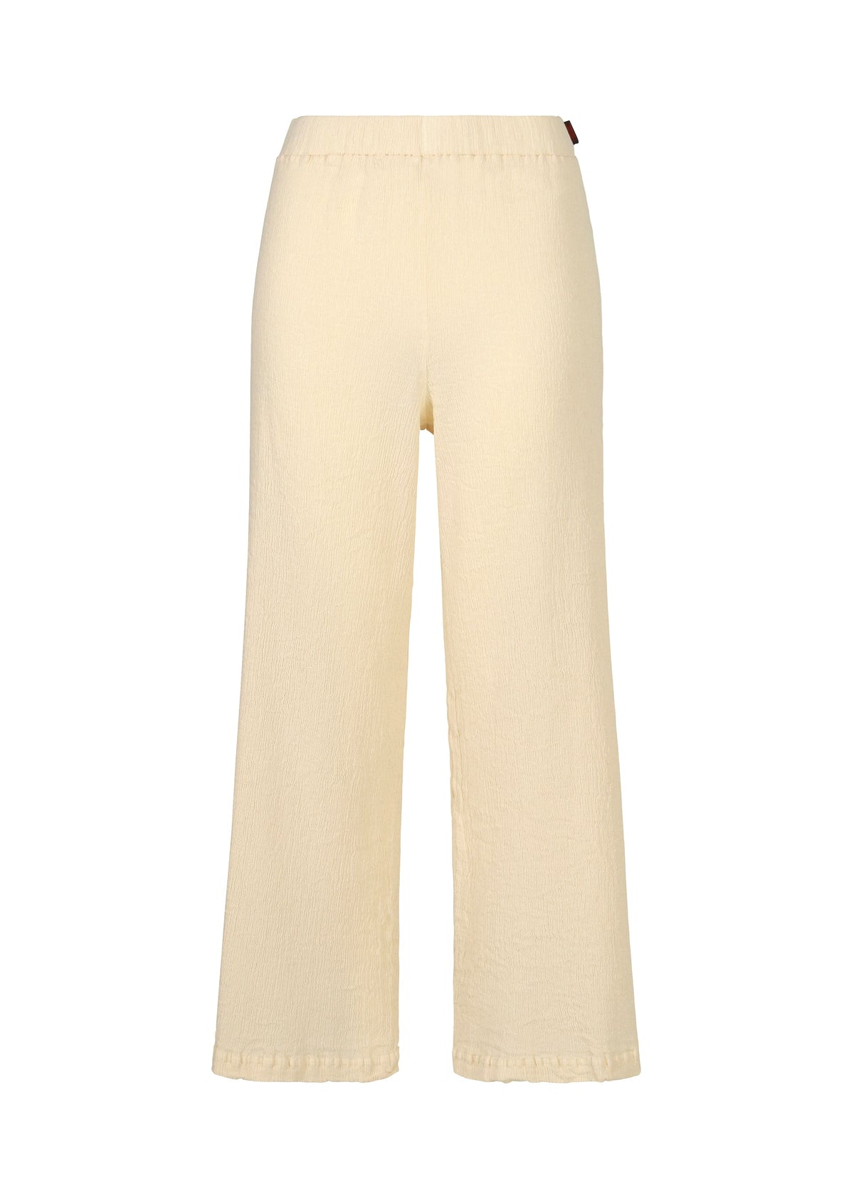 Back view of HaaT’s KYO CHIJIMI ITAJIME pants in light beige, made from ultra-fine cotton with a textured finish, wide legs, and an elastic waistband, shown against a plain white background. view 1 of 6