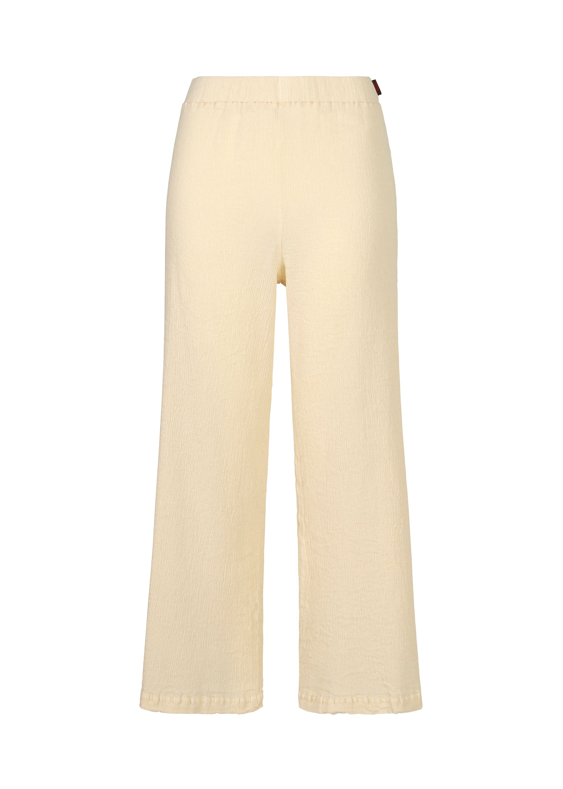 Zoomed view Back view of HaaT’s KYO CHIJIMI ITAJIME pants in light beige, made from ultra-fine cotton with a textured finish, wide legs, and an elastic waistband, shown against a plain white background. - IVORY （no.03）