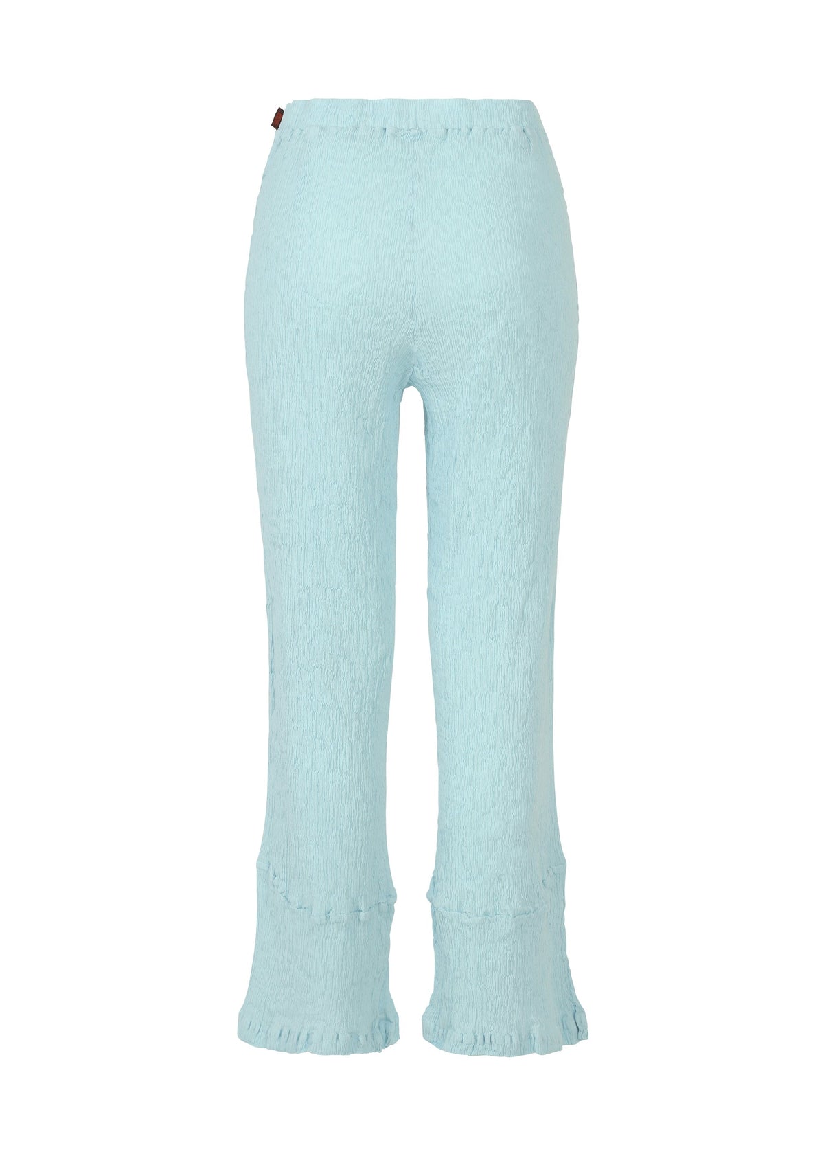 The HaaT KYO CHIJIMI STREAM pants in light blue feature a textured, light, and supple fabric with a subtle ruffle hem and slightly flared leg, displayed against a plain white background. view 2 of 6