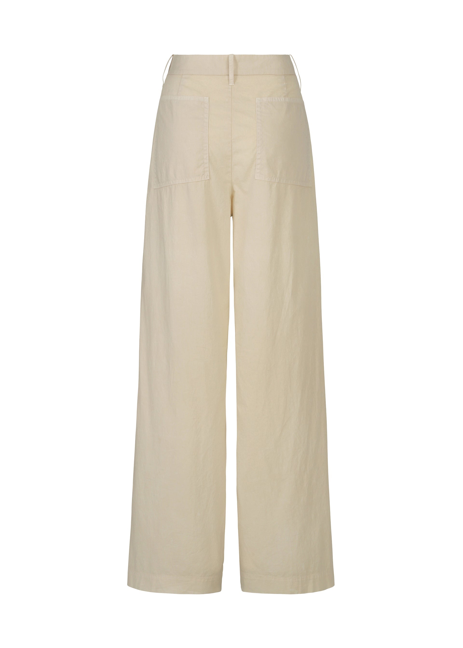Zoomed view Back view of HaaT TENMOKU BOTTOM: wide-leg, high-waisted beige pants with two large back pockets, belt loops, and a relaxed fit in lightweight, slightly textured stretch cotton broadcloth.