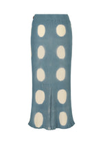A blue KYO CHIJIMI ITAJIME skirt by HaaT with large white polka dots, a slightly flared hem, and a center front slit.