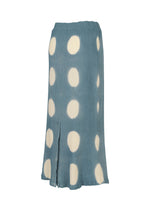 The HaaT KYO CHIJIMI ITAJIME is a blue, knee-length handcrafted skirt with large white polka dots, an elastic waistband, and a front slit near the hem.