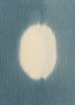 The KYO CHIJIMI ITAJIME by HaaT features a textured blue surface with a large, irregular white circle at the center, evoking Itajime dyeing on handcrafted skirts, set against a wavy ridged background.
