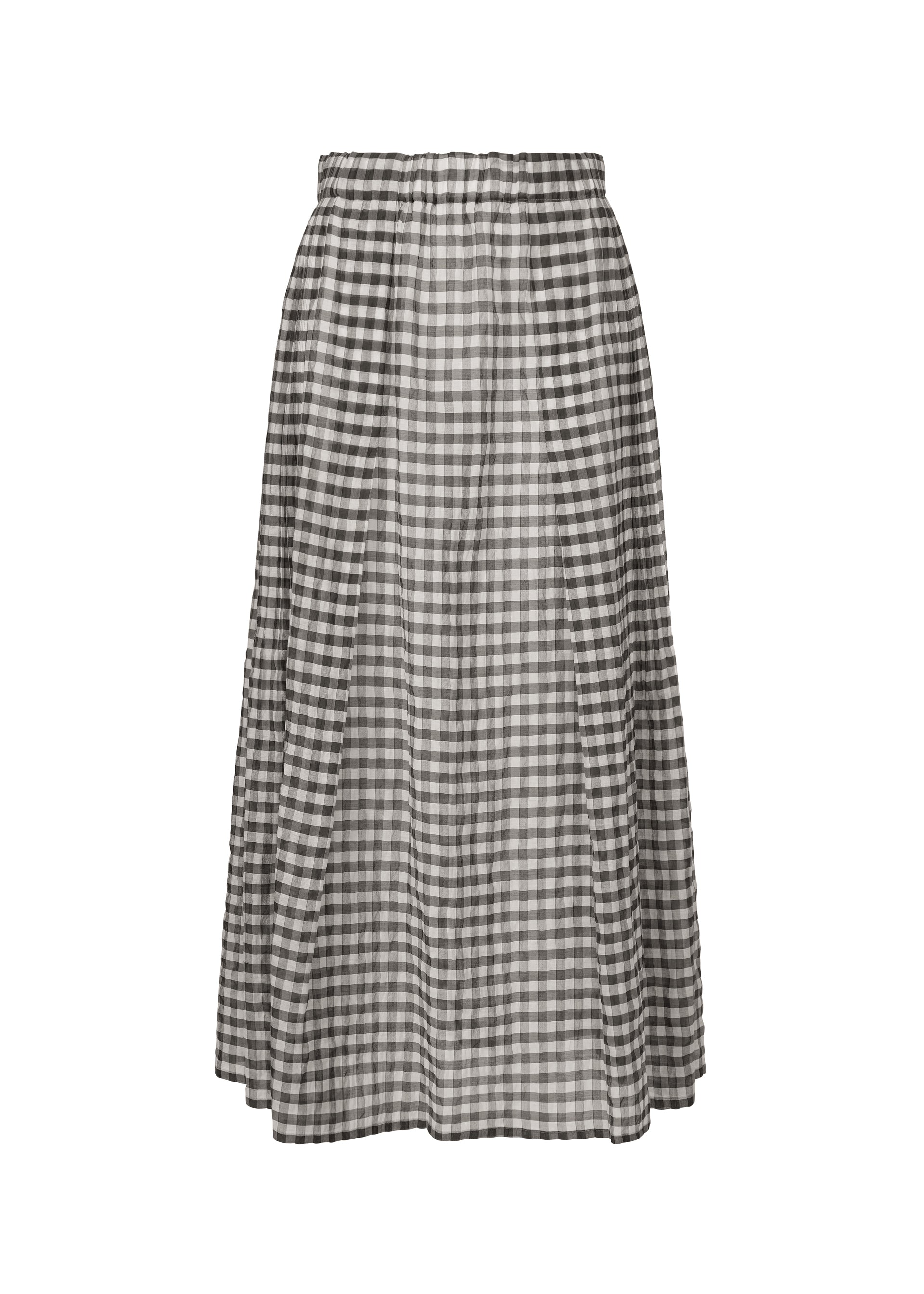 Zoomed view The HaaT 2 SIDE PINTUCKING skirt is a black and white gingham midi with an elastic waistband and a slightly flared, pleated silhouette for easy style. - BLACK (no.15)