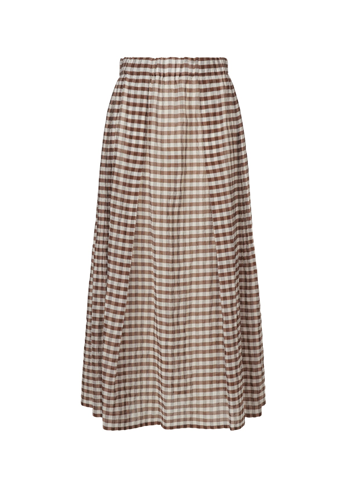 The HaaT 2 SIDE PINTUCKING skirt features brown and white gingham, pintuck details, an elastic waistband, and a loose, flowy fit. view 2 of 9