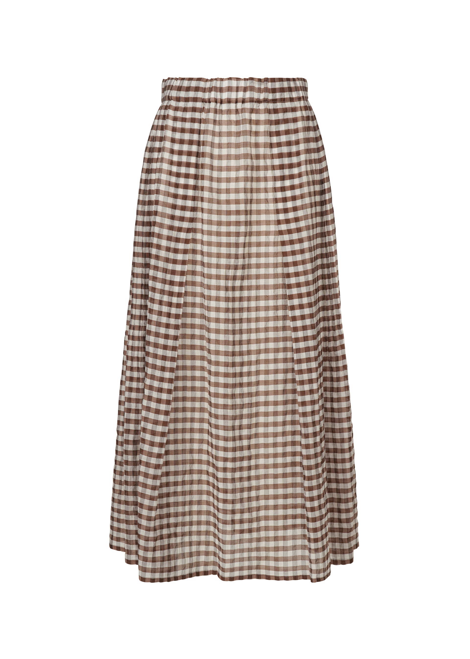 Zoomed view The HaaT 2 SIDE PINTUCKING skirt features brown and white gingham, pintuck details, an elastic waistband, and a loose, flowy fit. - BROWN (no.44)