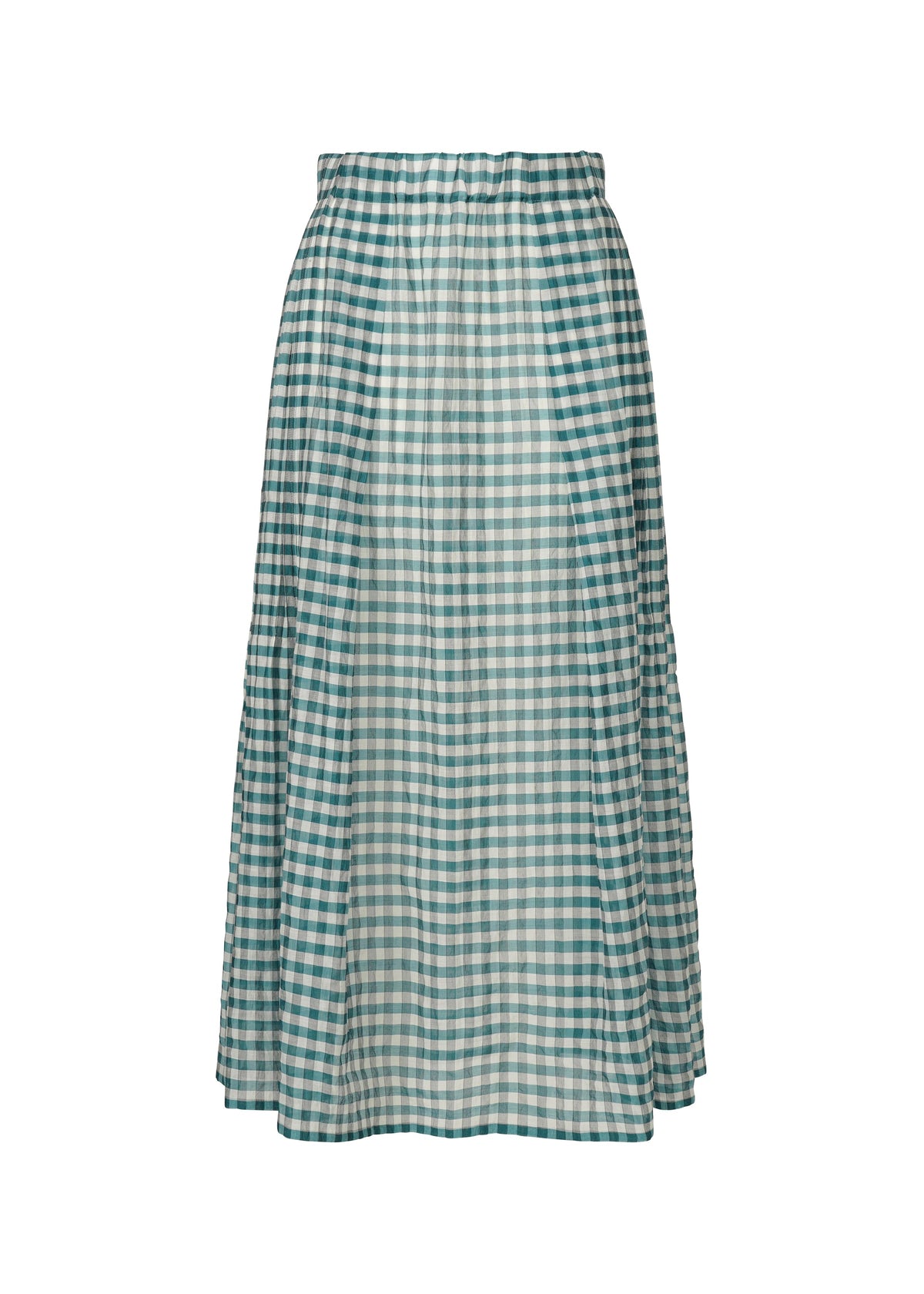 The HaaT 2 SIDE PINTUCKING skirt in green-and-white gingham is a midi-length, cotton-silk piece with a gathered elastic waistband and flowing silhouette—ideal for effortless style with classic charm. view 3 of 9