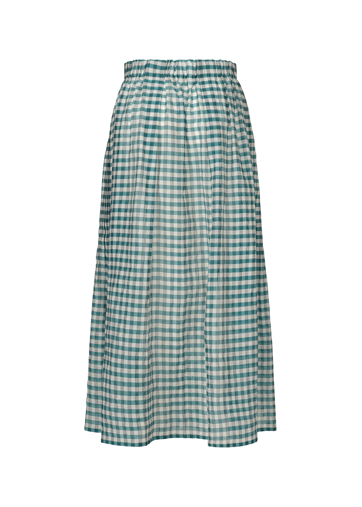 The HaaT 2 SIDE PINTUCKING skirt is a mid-length, blue and white gingham piece in lightweight cotton-silk with an elastic waistband, shown on a plain white background. view 4 of 9