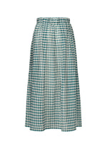 The HaaT 2 SIDE PINTUCKING skirt is a mid-length, blue and white gingham piece in lightweight cotton-silk with an elastic waistband, shown on a plain white background.