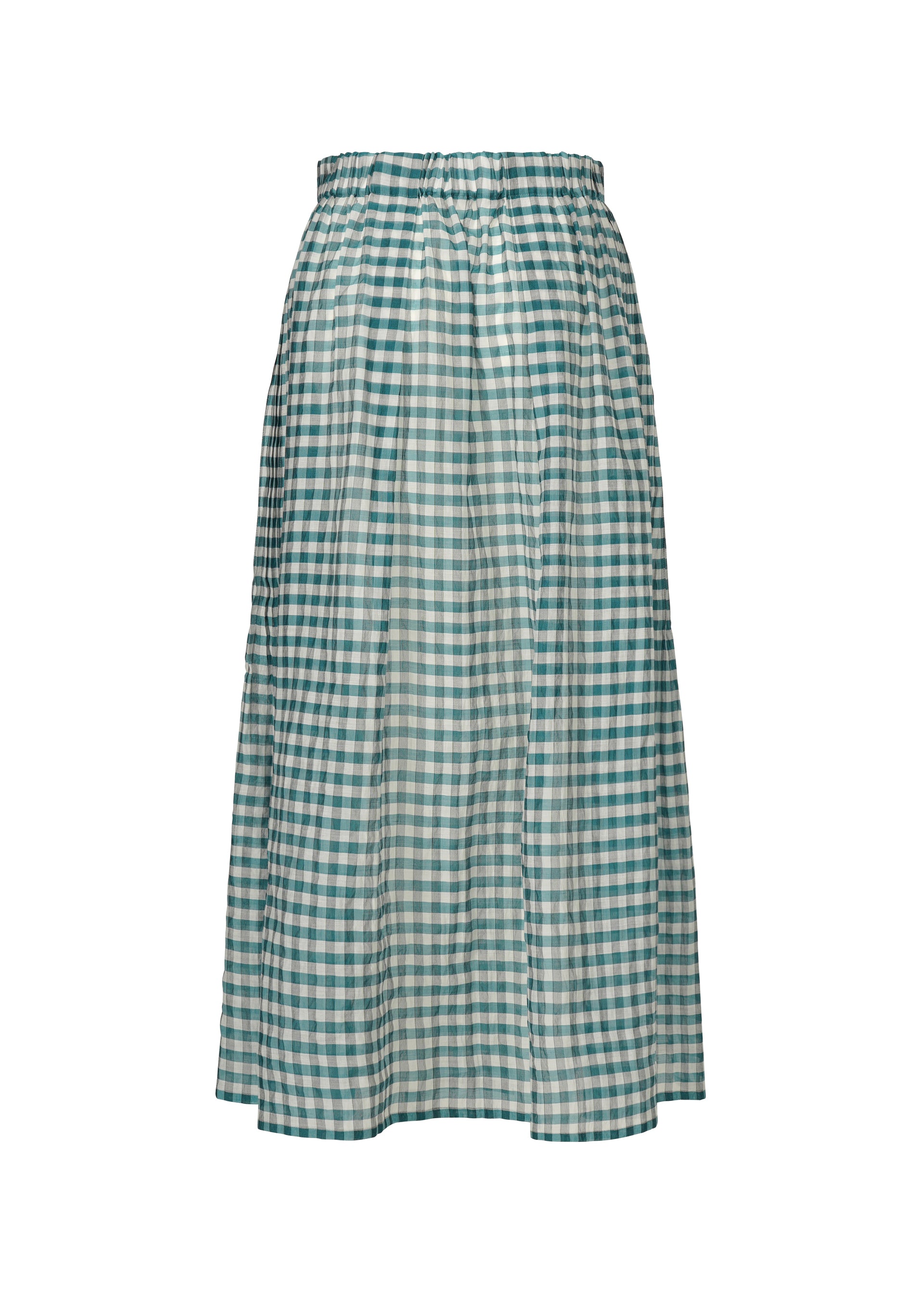 Zoomed view The HaaT 2 SIDE PINTUCKING skirt is a mid-length, blue and white gingham piece in lightweight cotton-silk with an elastic waistband, shown on a plain white background.