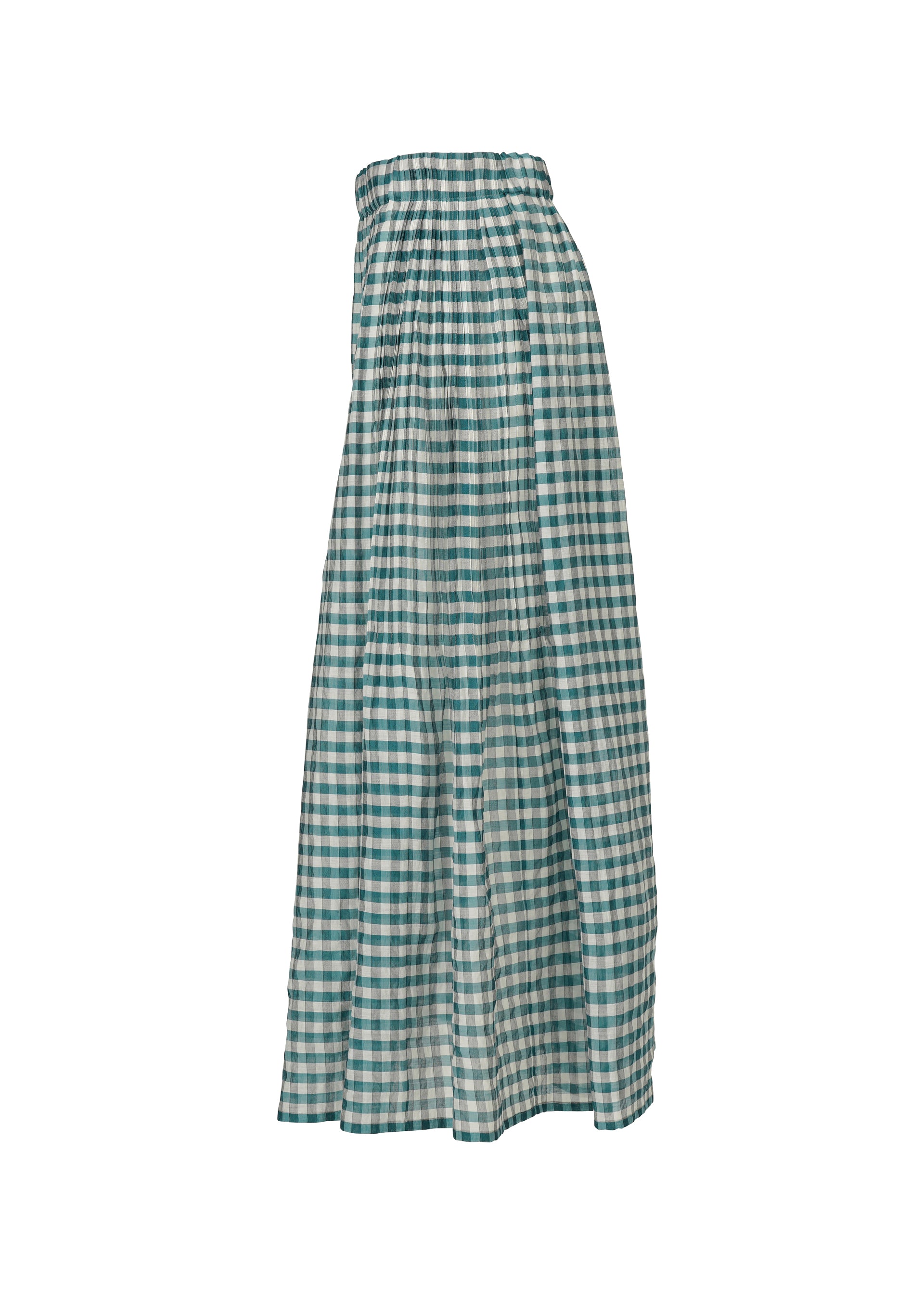 Zoomed view The HaaT 2 SIDE PINTUCKING skirt is a long, high-waisted piece with a gathered waistband and teal-and-white gingham checks, shown against a white background.