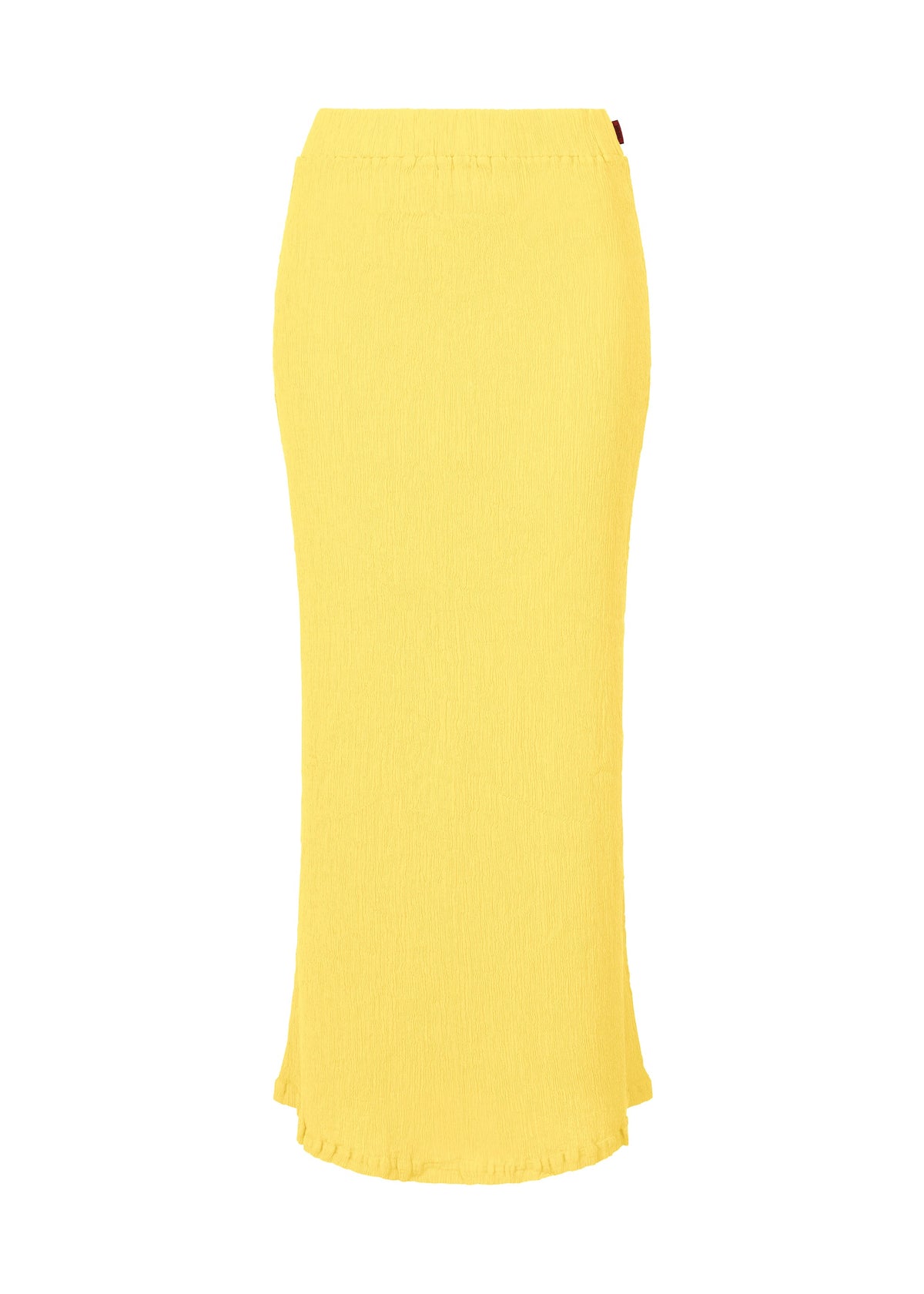 The HaaT KYO CHIJIMI MAY skirt in yellow features ultra-fine cotton yarn, a high waist, straight fitted silhouette, and slightly flared hem, shown on a white background. view 2 of 9