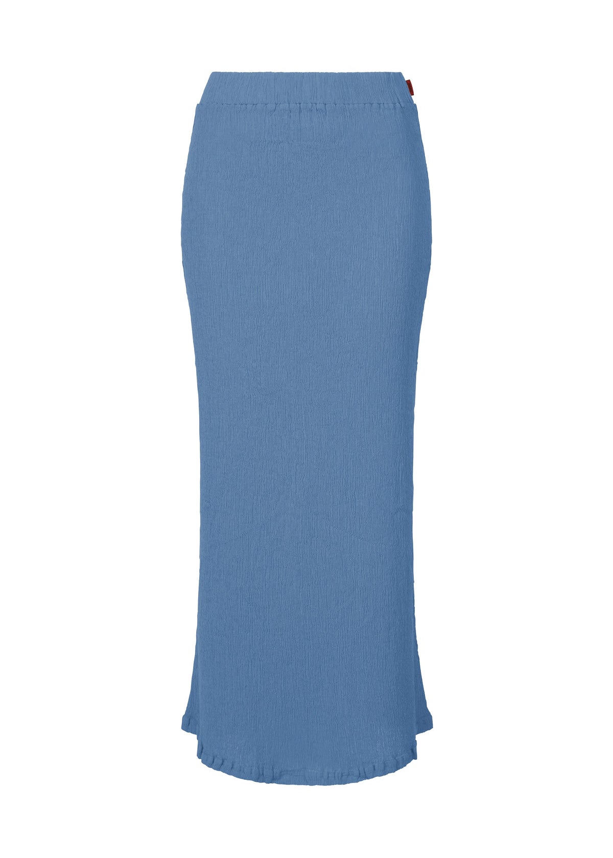 The KYO CHIJIMI MAY skirt by HaaT is a long, high-waisted, light blue straight-cut style with a slightly flared hem, made from ultra-fine cotton yarn on a unique loom. Displayed against a white background. view 3 of 9