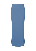 The KYO CHIJIMI MAY skirt by HaaT is a long, high-waisted, light blue straight-cut style with a slightly flared hem, made from ultra-fine cotton yarn on a unique loom. Displayed against a white background. - BLUE （no.72）