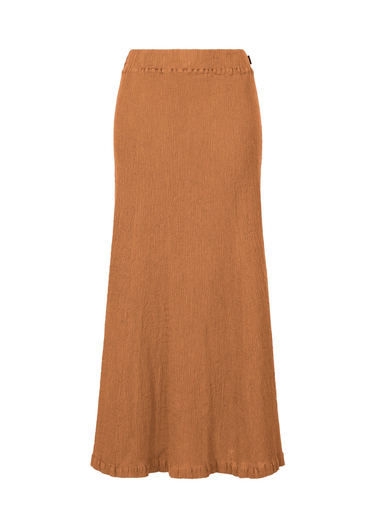 The HaaT KYO CHIJIMI EMB skirt is a long, brown piece with a flared silhouette, subtle waistband, and minimalist design. Made from lightweight fabric, it features no visible patterns or embellishments for an understated look. view 2 of 8